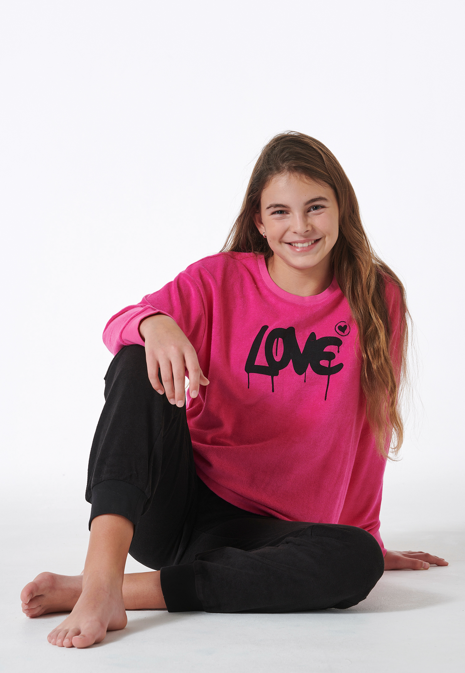 Schlafanzug lang Frottee Bündchen Love pink - Nightwear 140 von Schiesser