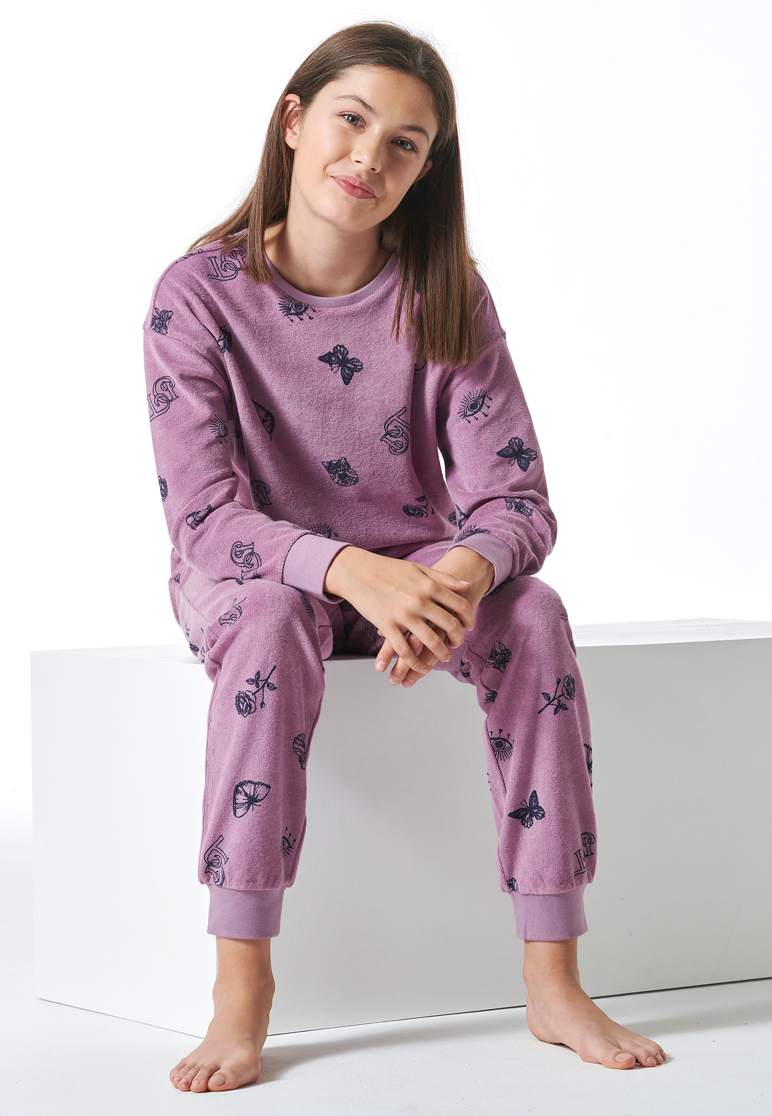 Schlafanzug lang Frottee Bündchen Schmetterlinge mauve - Nightwear 140 von Schiesser