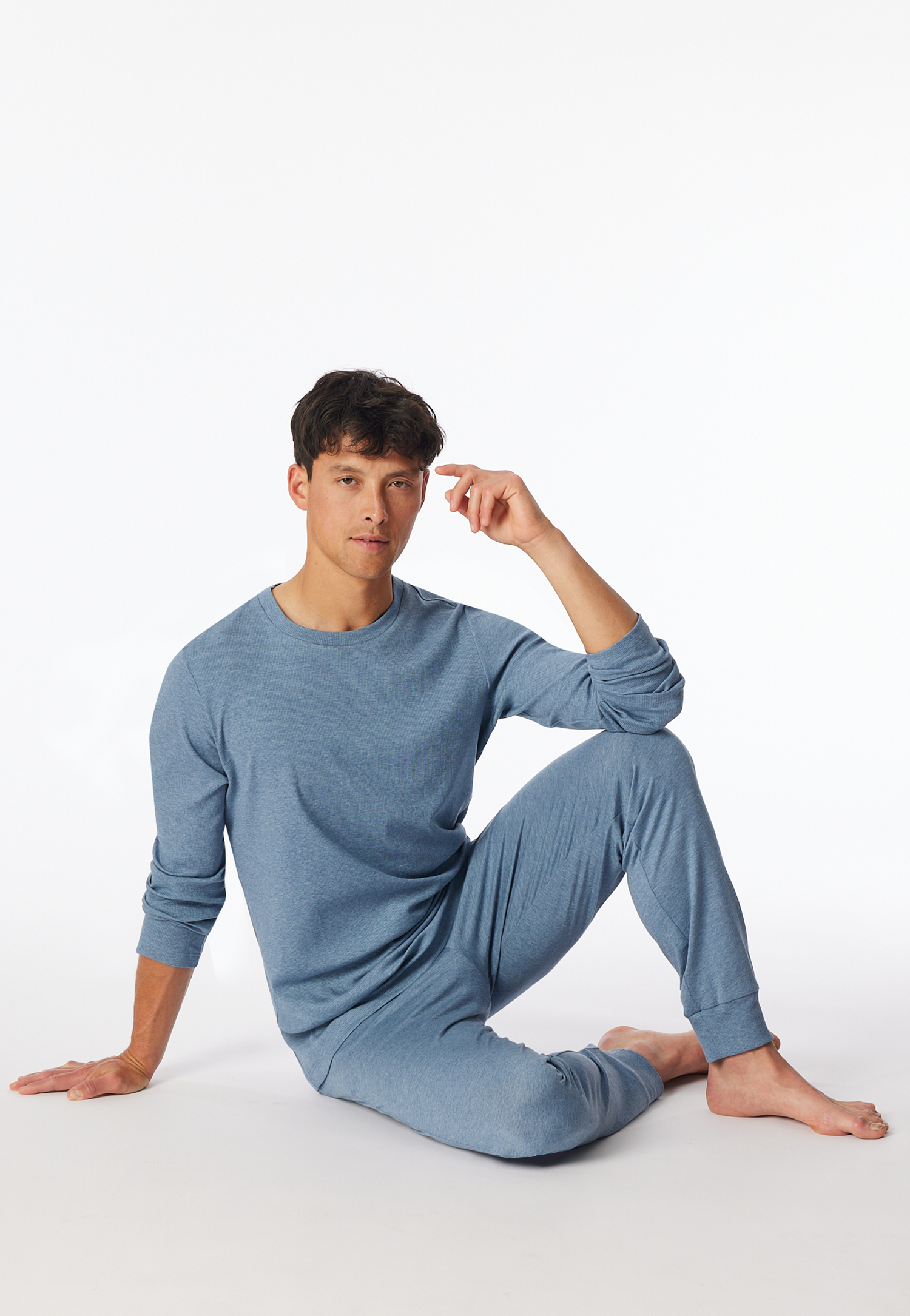 Schlafanzug Doppelripp & Jersey lang Bündchen blau-jaspe - Modern Nightwear 48 von Schiesser