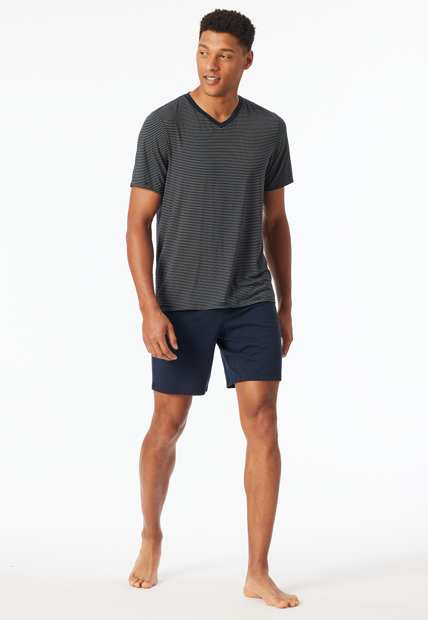 Schlafanzug kurz Modal V-Ausschnitt Streifen navy - Long Life Soft 48 von Schiesser