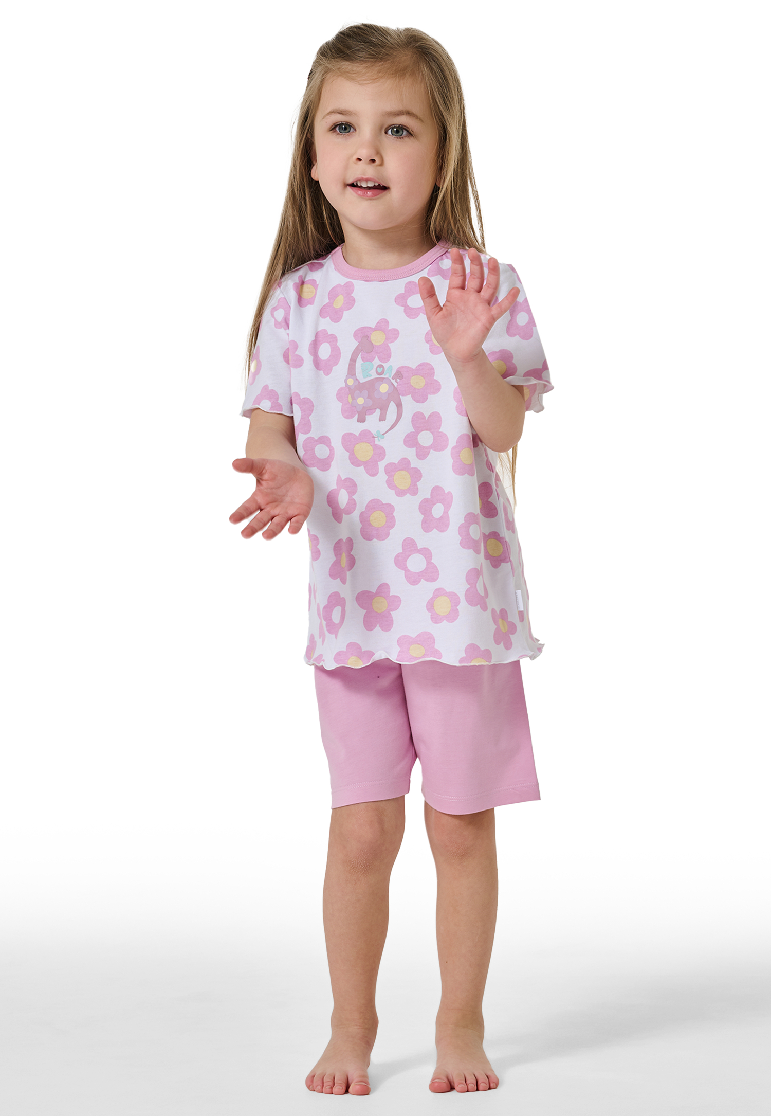 Schlafanzug kurz Rollsaum Blumen weiß - Girls World 104 von Schiesser