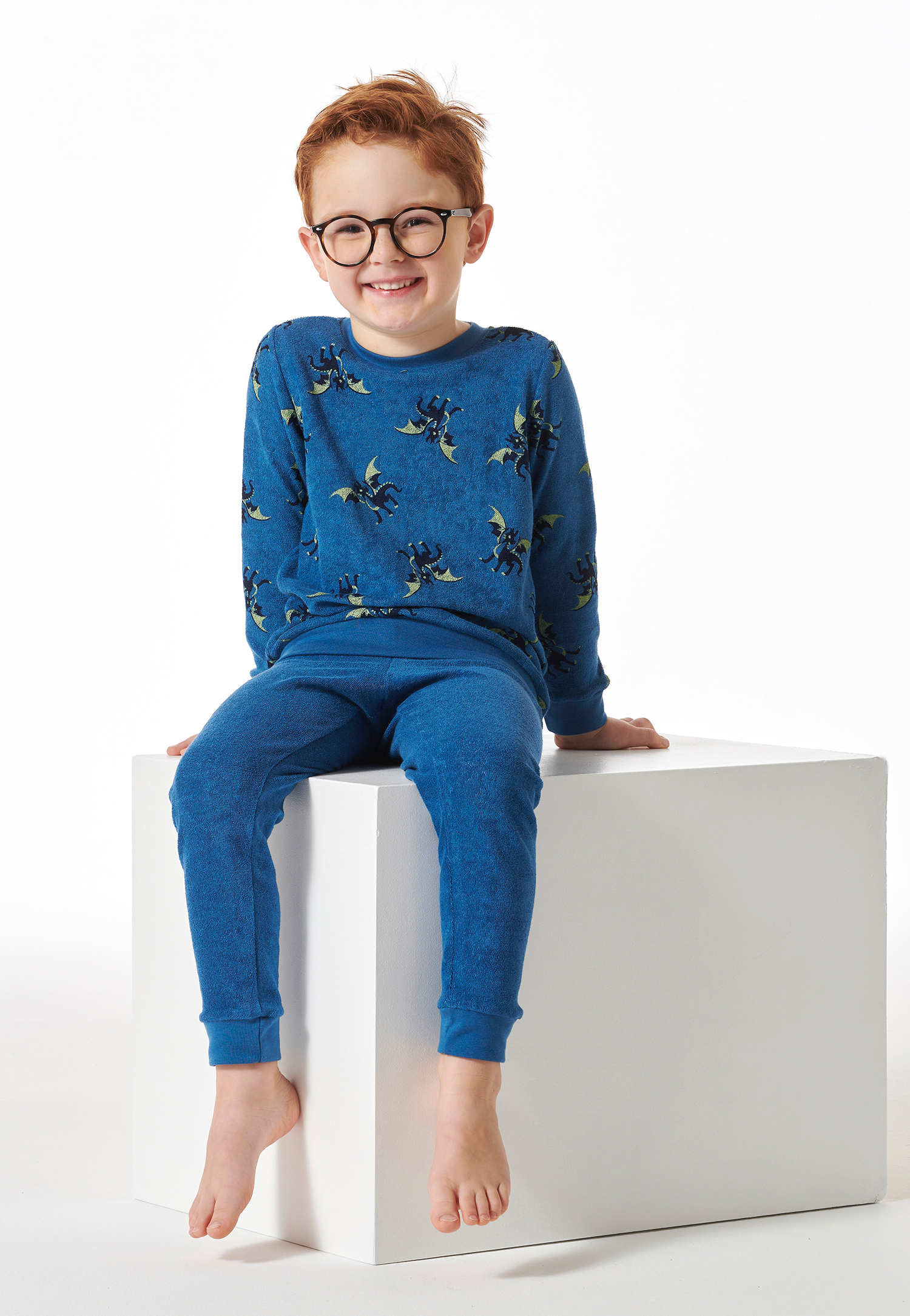 Schlafanzug lang Bündchen Drachen blau - Boys World 128 von Schiesser