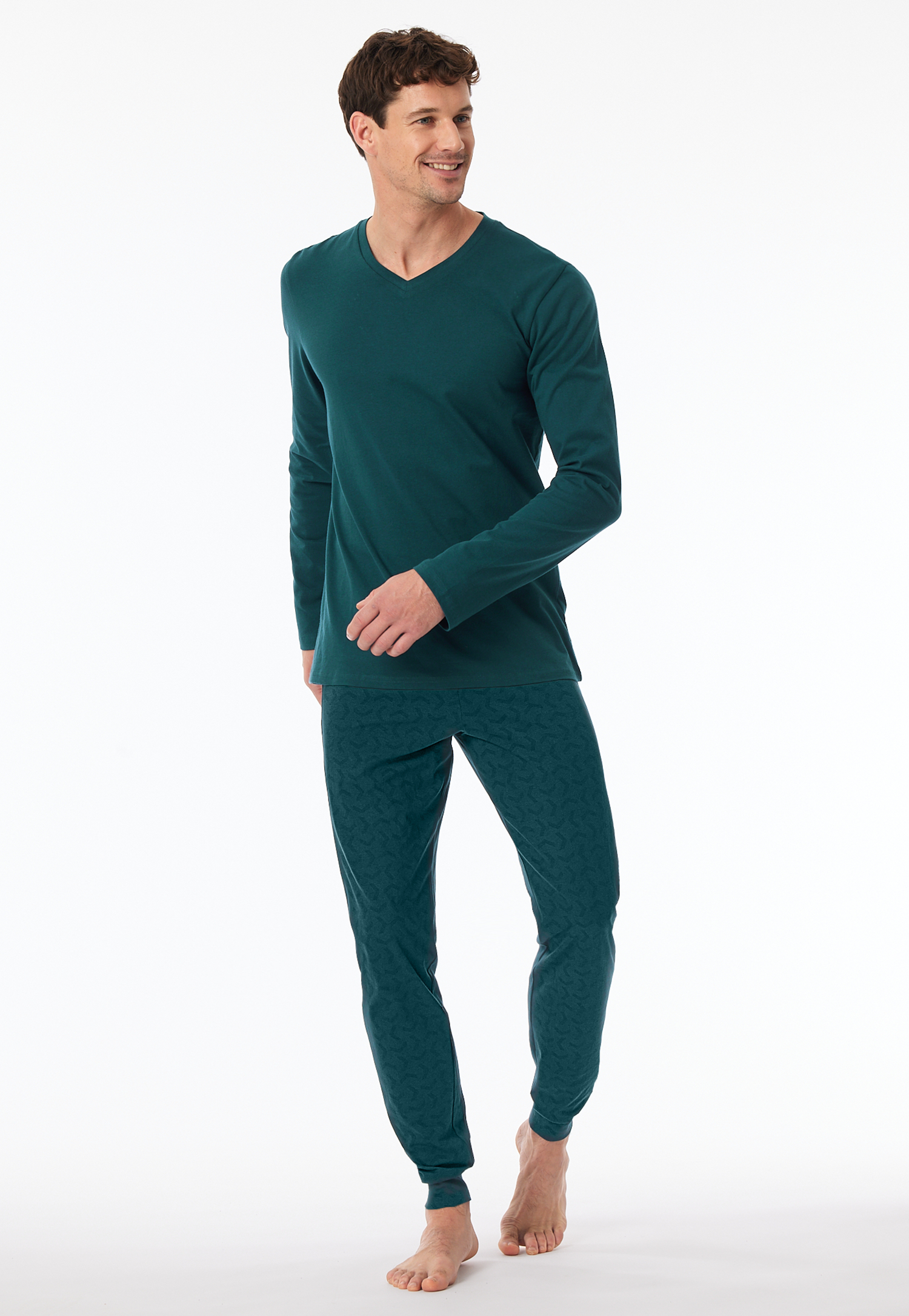 Schlafanzug lang Bündchen petrol - Casual Essentials 58 von Schiesser