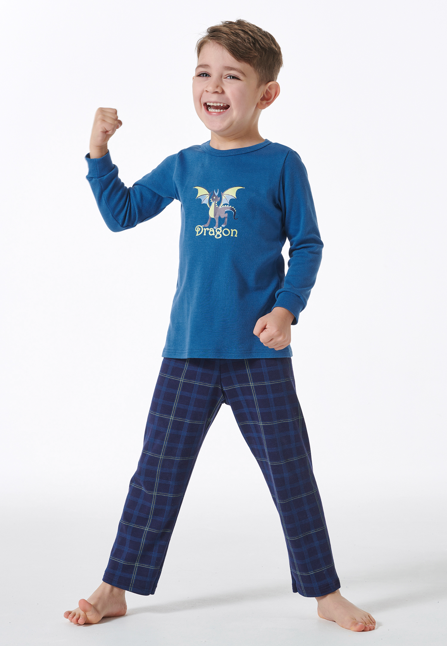 Schlafanzug lang Drachen Karos blau - Boys World 104 von Schiesser