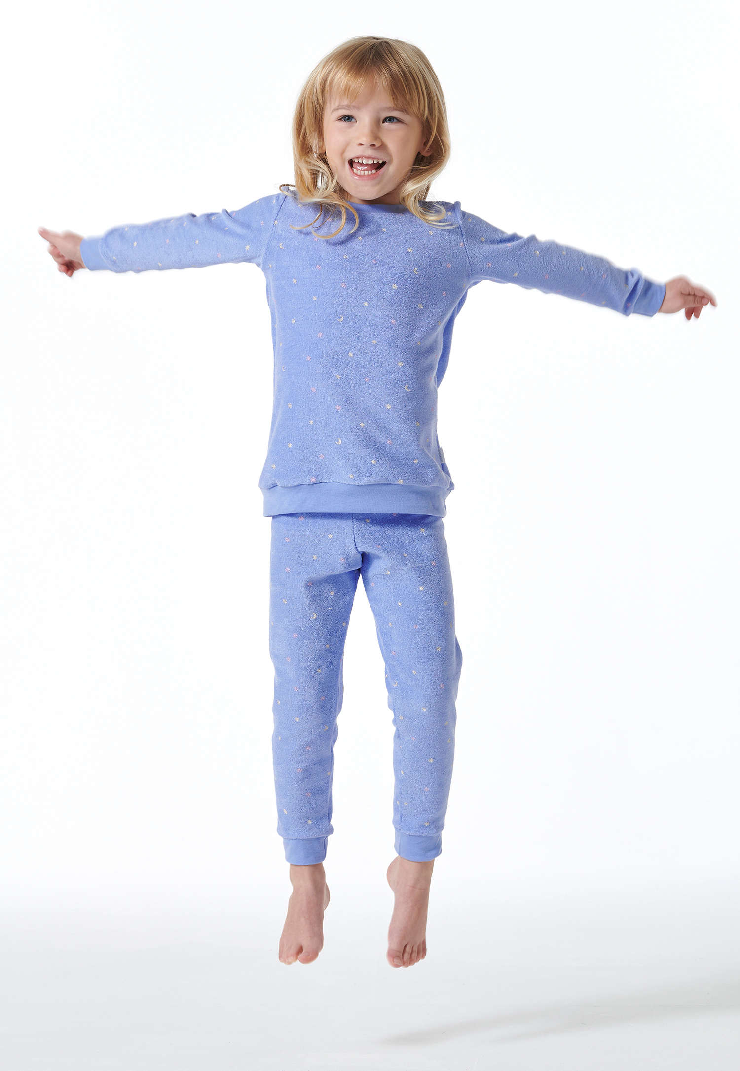 Schlafanzug lang Frottee Organic Cotton Bündchen Sterne flieder - Girls World 128 von Schiesser