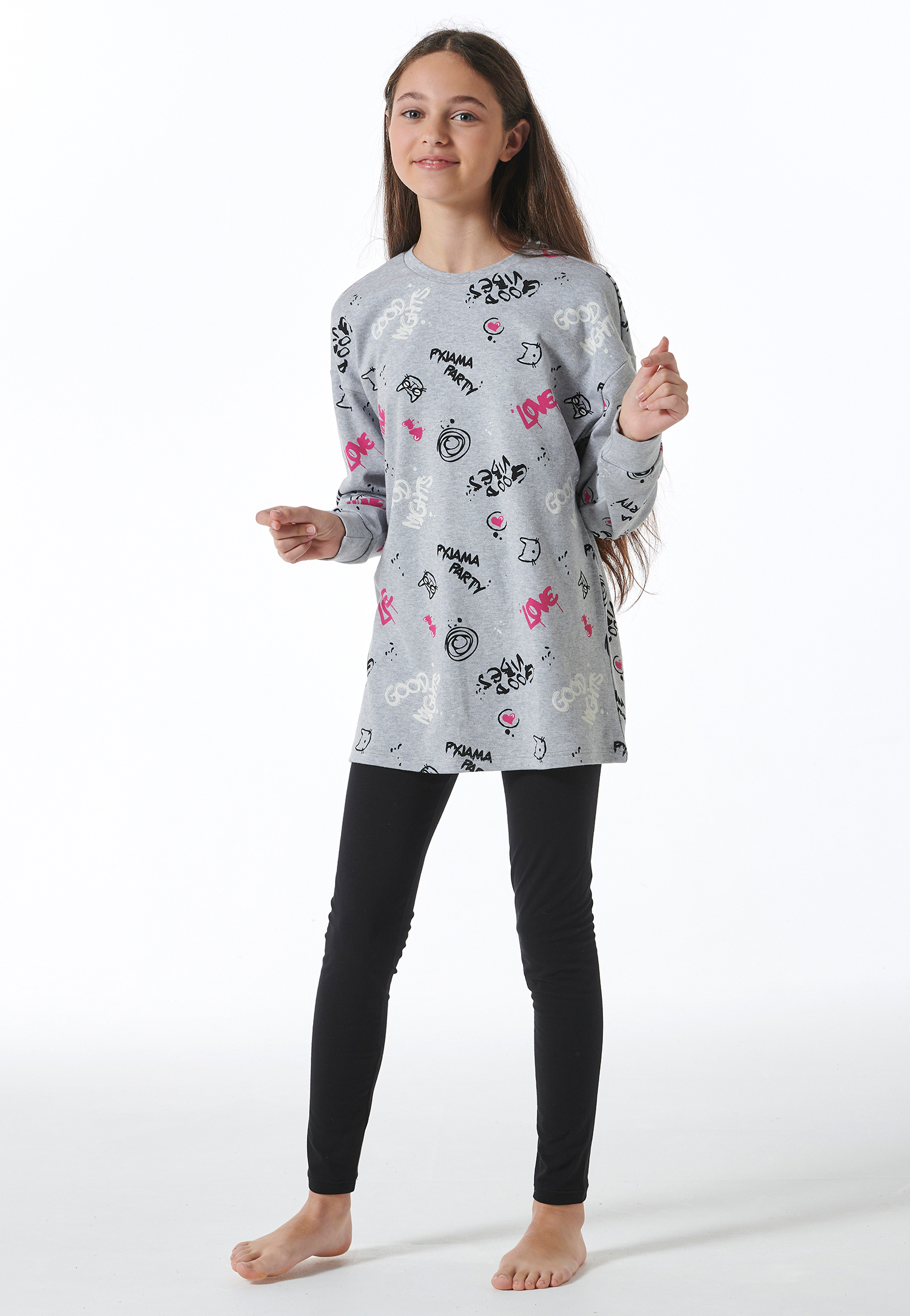 Schlafanzug lang Interlock Shirt mit Leggings Graffiti grau-meliert - Nightwear 152 von Schiesser