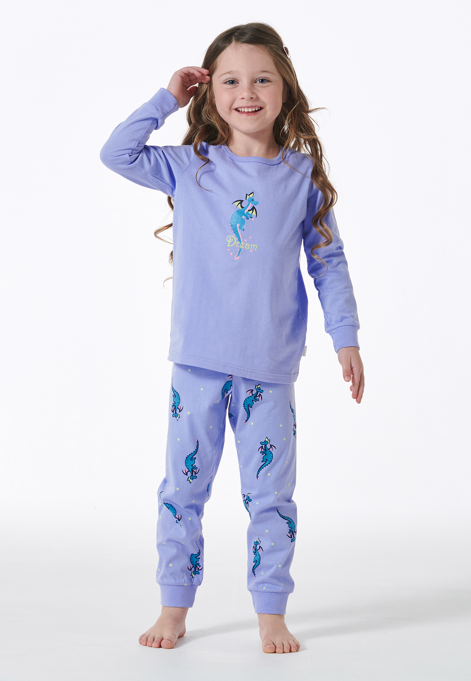 Schlafanzug lang Organic Cotton Bündchen Drache flieder - Girls World 104 von Schiesser