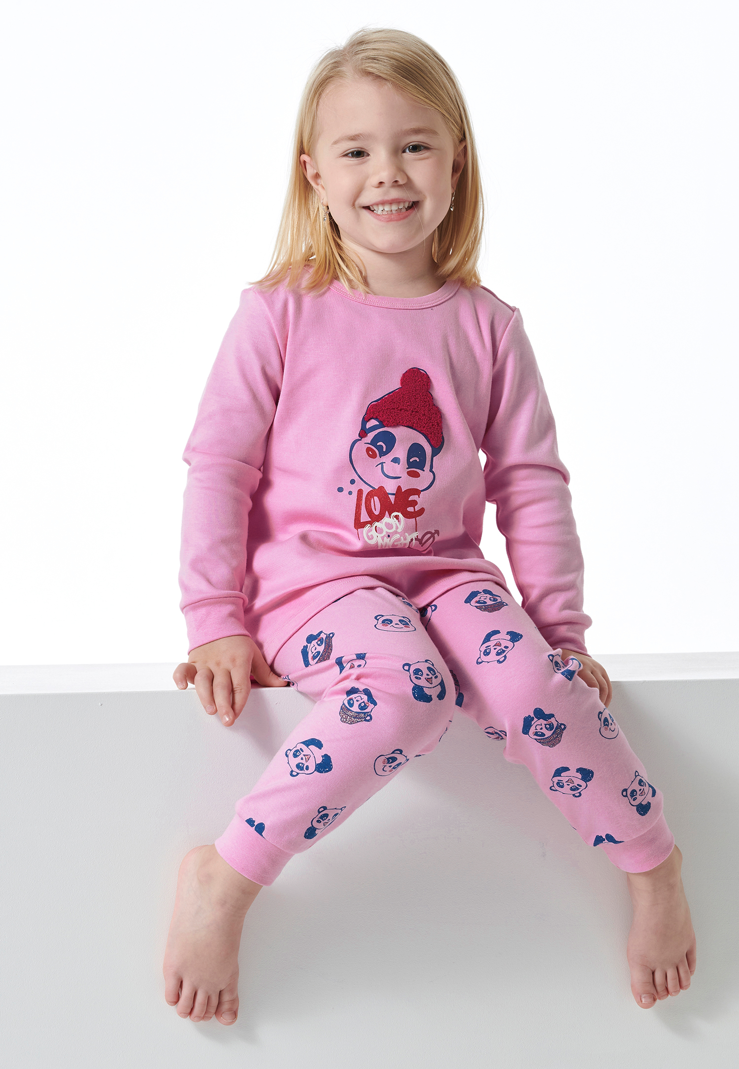 Schlafanzug lang Organic Cotton Bündchen Panda rosé - Girls World 104 von Schiesser