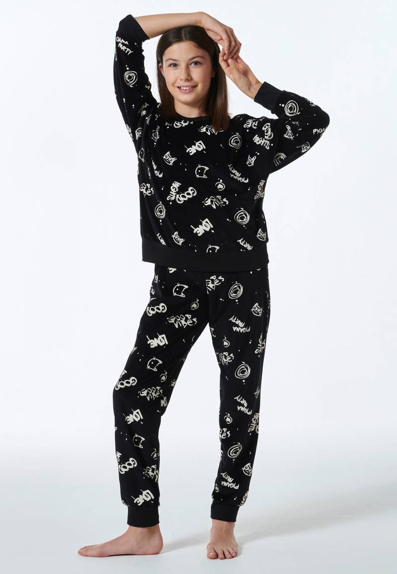 Schlafanzug lang Velour Graffiti schwarz - Nightwear 140 von Schiesser