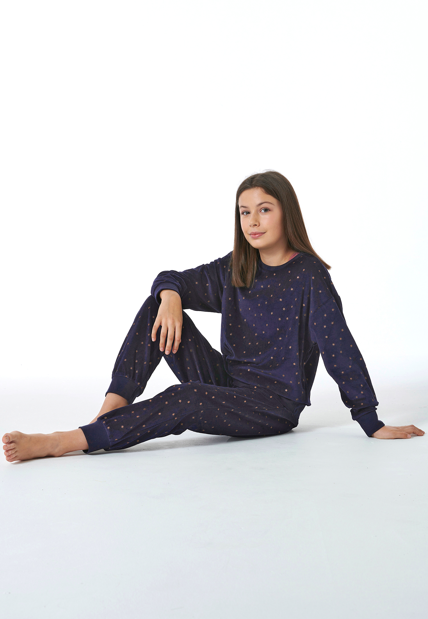 Schlafanzug lang Velour Sterne nachtblau - Nightwear 140 von Schiesser