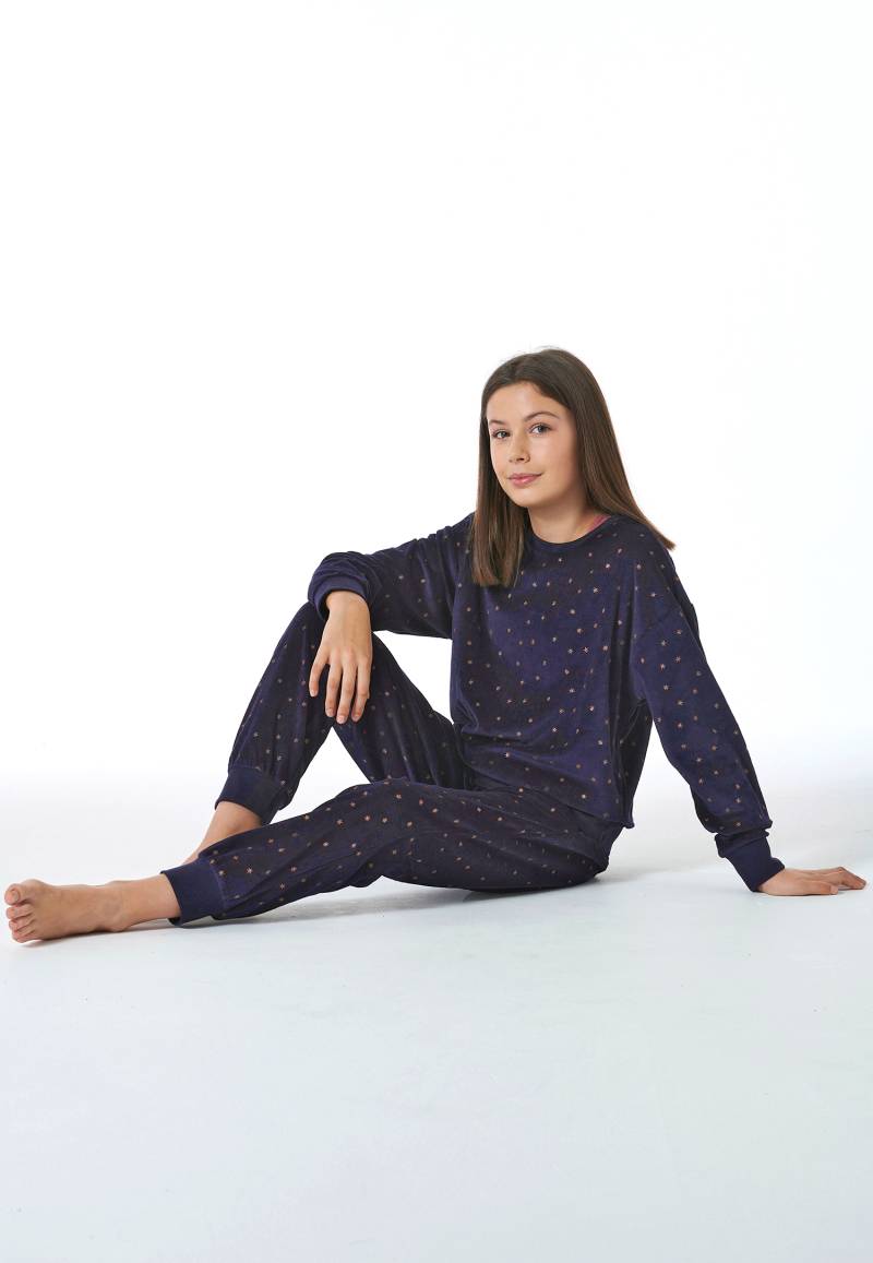 Schlafanzug lang Velour Sterne nachtblau - Nightwear 176 von Schiesser