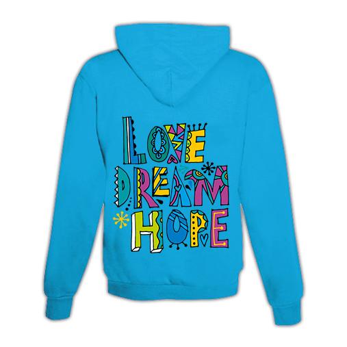 JoyLine Hoodie mit Zipper Love, Dream, Hope Unisex Grösse: M, Farbe: Hellblau/Türkis von JoyLine