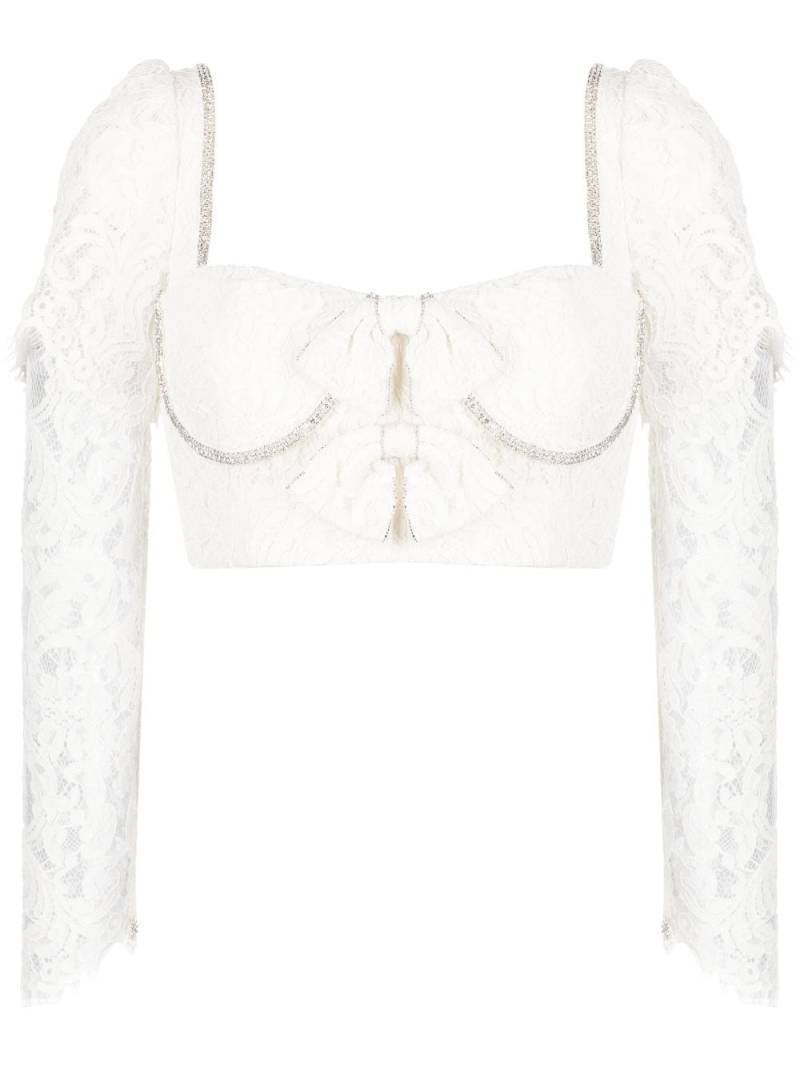 Self-Portrait bow-detail corded lace cropped blouse - White von Self-Portrait