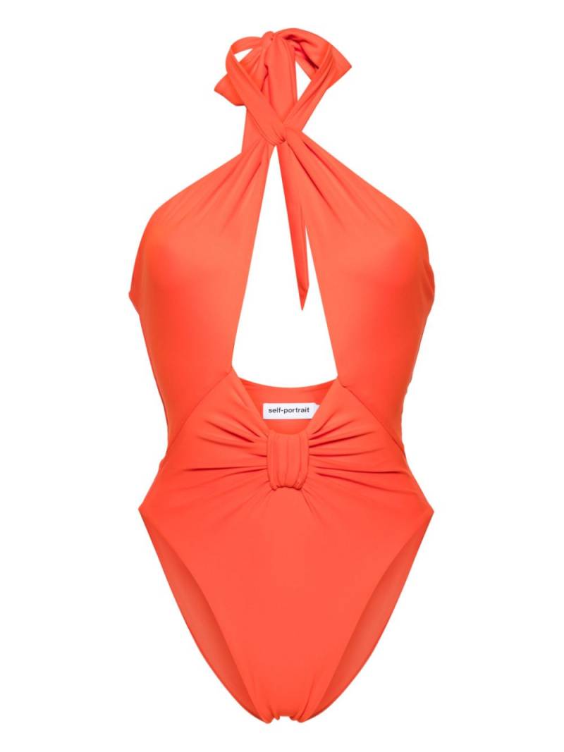 Self-Portrait bow-detail halterneck swimsuit - Orange von Self-Portrait