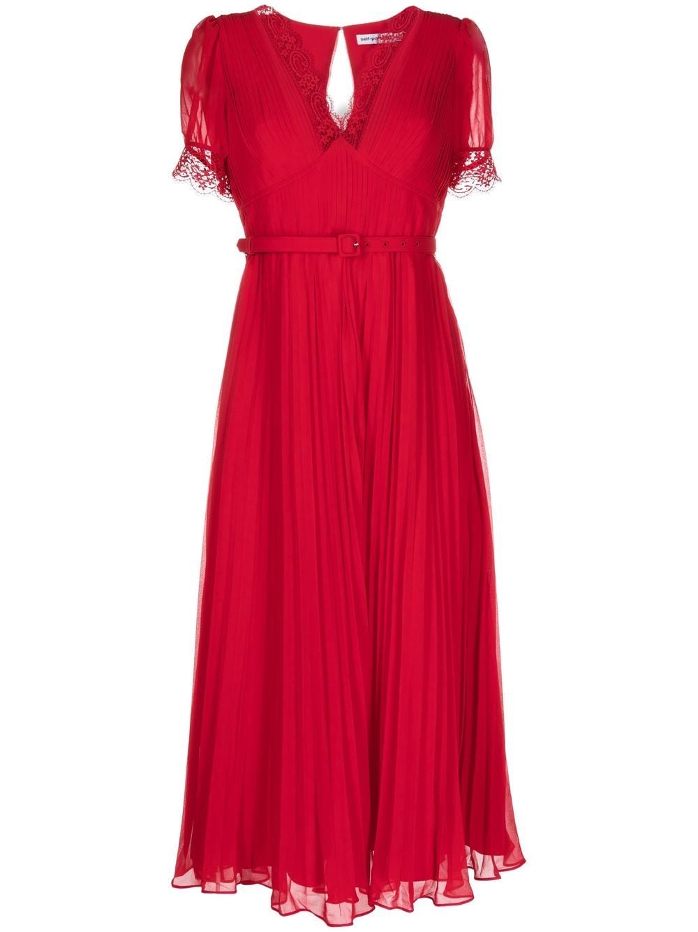 Self-Portrait pleated lace appliqué midi dress - Red von Self-Portrait