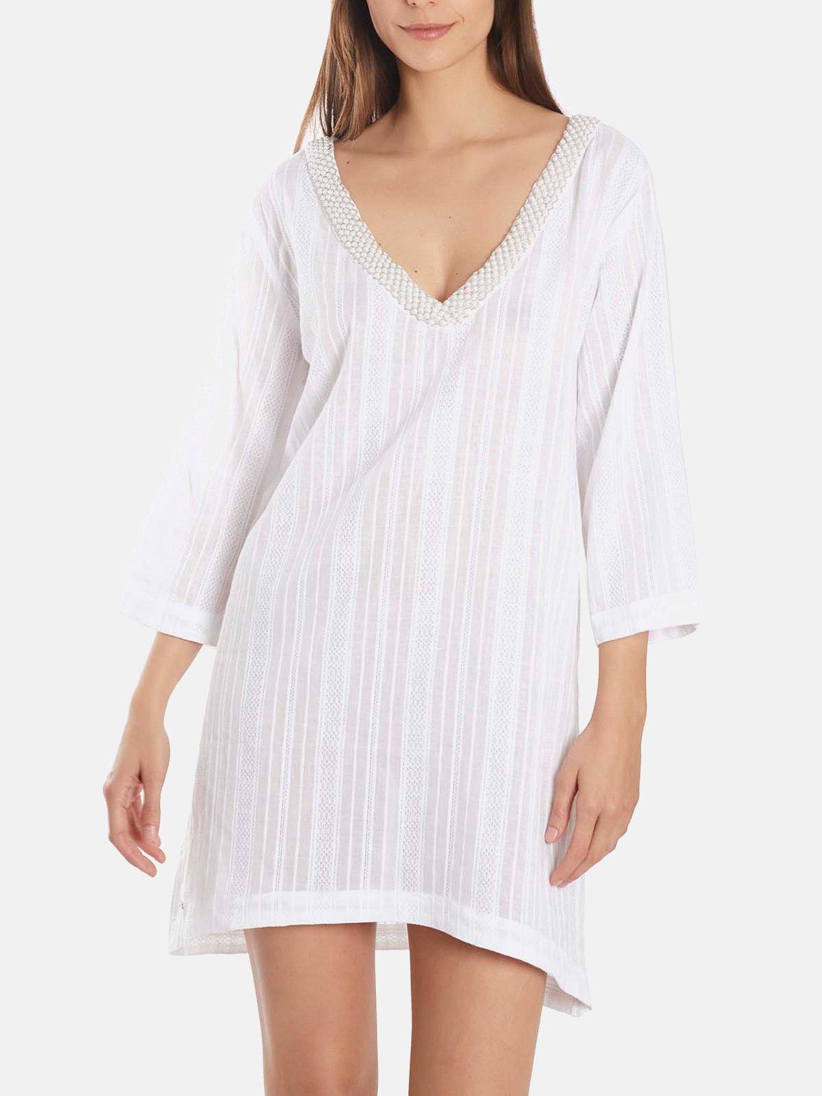 Strandkaftan Mit Dreiviertel Ärmeln Und Perlen Damen Weiss XL von Selmark