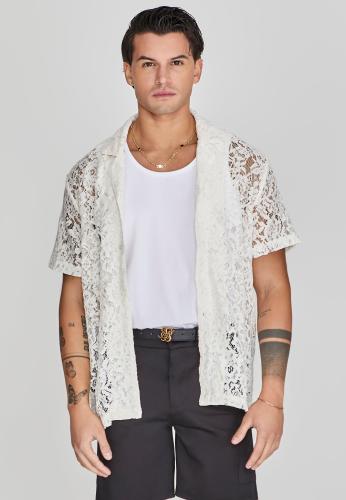 SikSilk Kurzarmhemd Lace Resort Shirt - beige (Grösse: L) von SikSilk