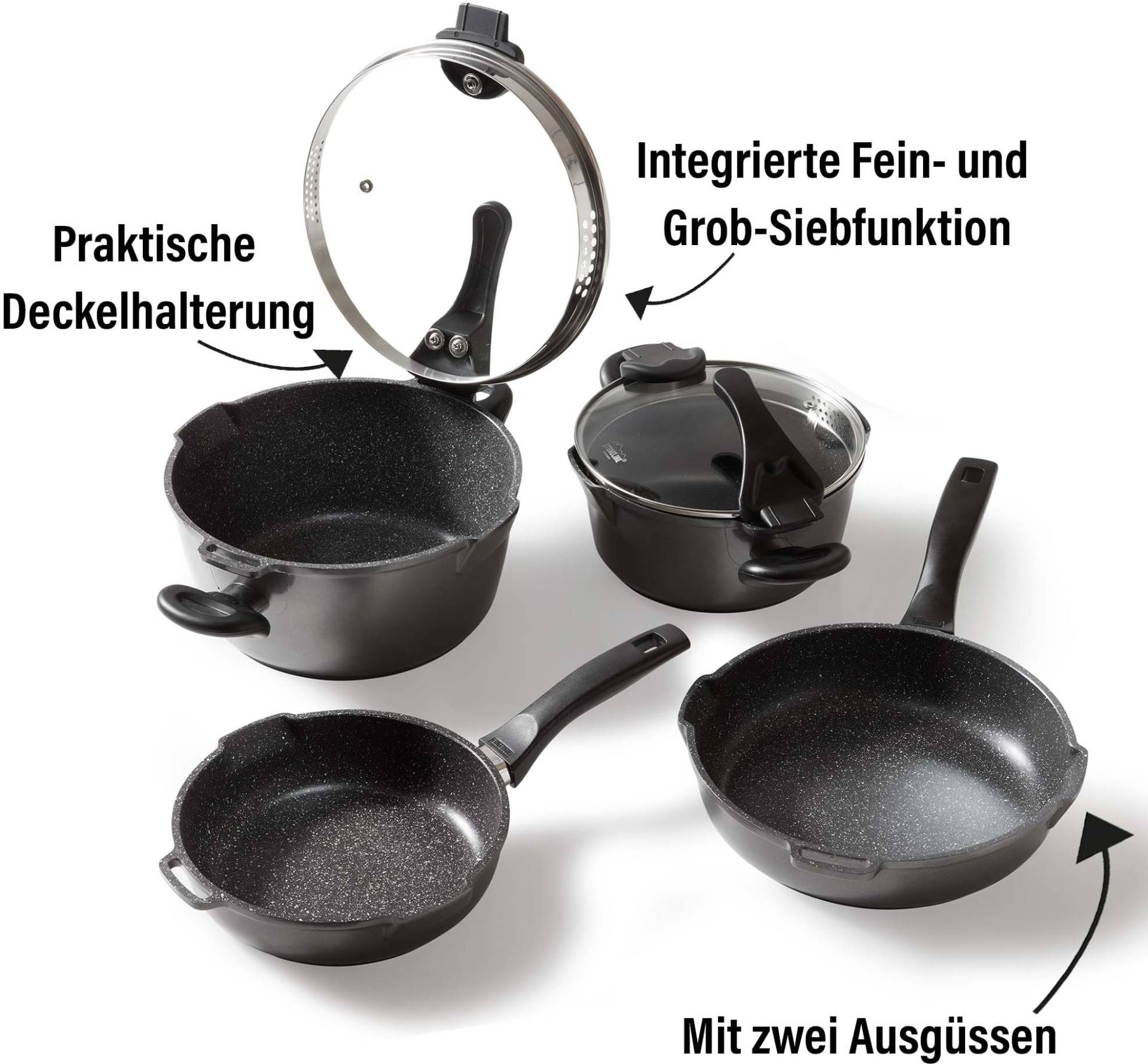 STONELINE Topf-Set »Future«, Aluminiumguss, (Set, 8 tlg., Kochtopf 20/24, Stieltopf 18 cm, Schmorpfanne 20/24 cm), Induktion von Stoneline