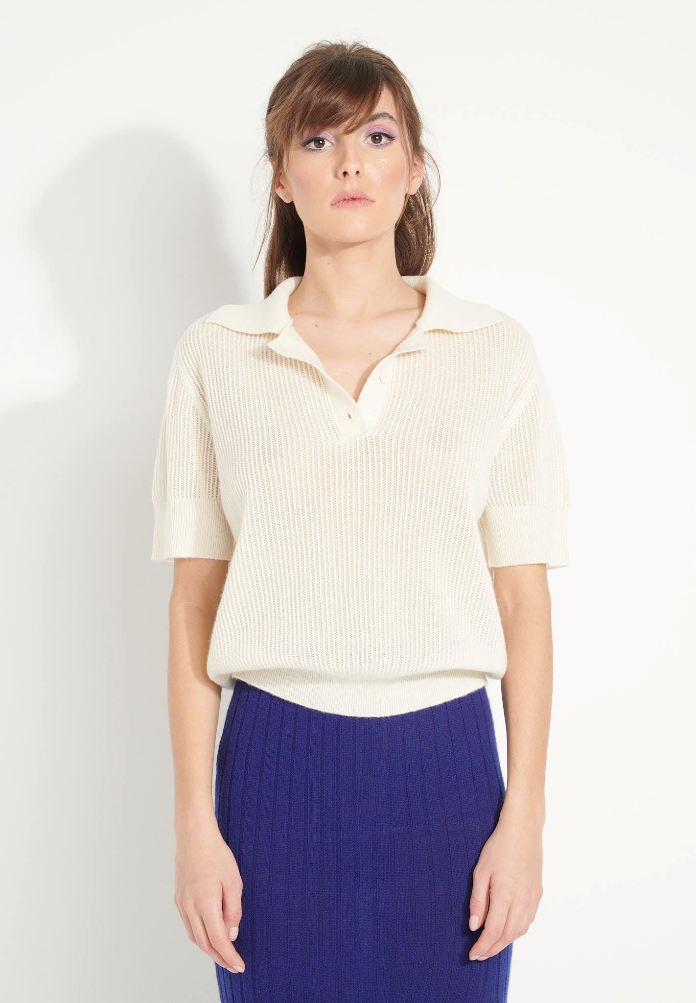 Studio Cashmere8 - AVA 1 Polo-Shirt mit kurzen Ärmeln 100% Kaschmir entjungfert, für Damen, Offwhite, Größe L von Studio Cashmere8