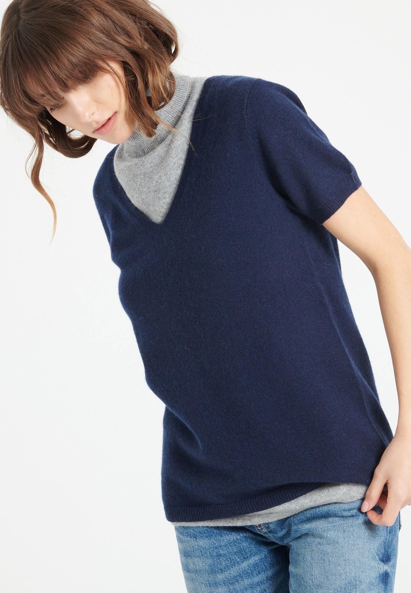 Studio Cashmere8 - LILLY 14 Pullover mit V-Ausschnitt und kurzen Ärmeln 100% Kaschmir, für Damen, Marine, Größe L von Studio Cashmere8