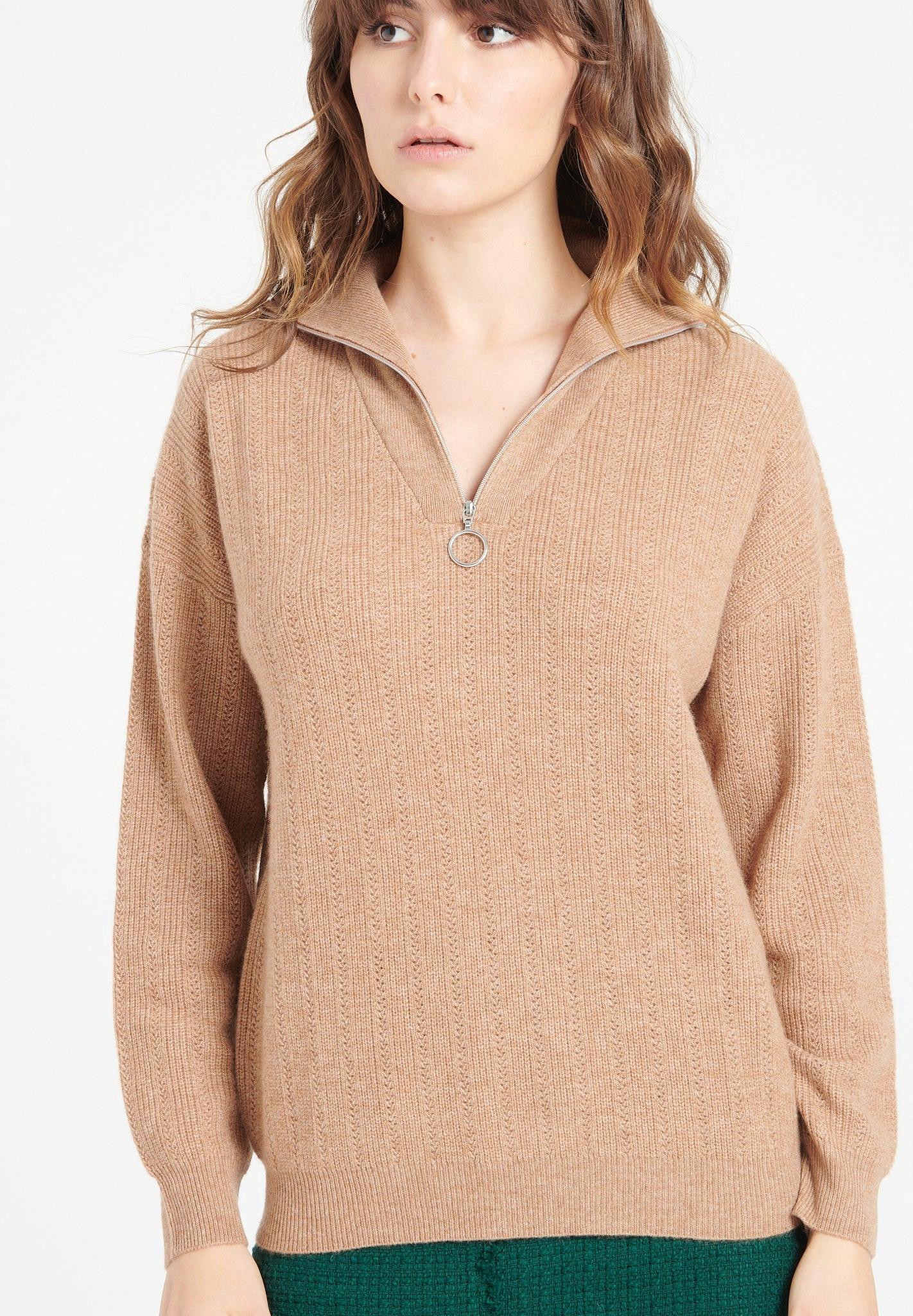 Lilly 28 Pullover Mit Schornsteinkragen Und Reißverschluss - 100% Kaschmir Damen Camel L von Studio Cashmere8