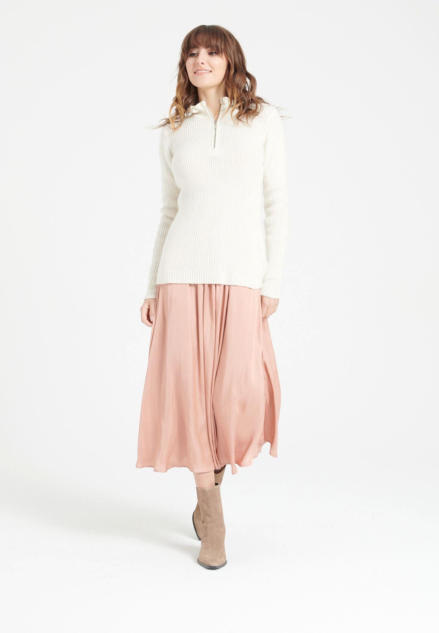 Studio Cashmere8 - MIA 4 Pullover mit Falbala-Kragen und Reißverschluss 100% Kaschmir, für Damen, Offwhite, Größe L von Studio Cashmere8