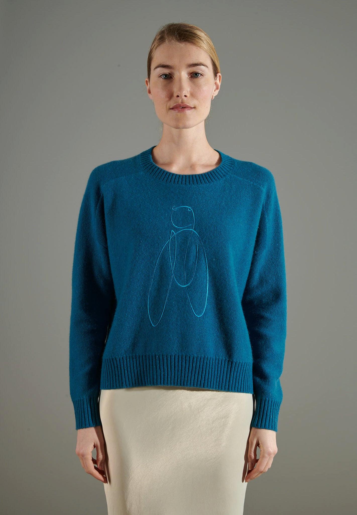 Nami 21 Pullover Mit Besticktem Rundhalsausschnitt 4 Fäden Cigale 4 - 100% Kaschmir Damen Blau S/M von Studio Cashmere8