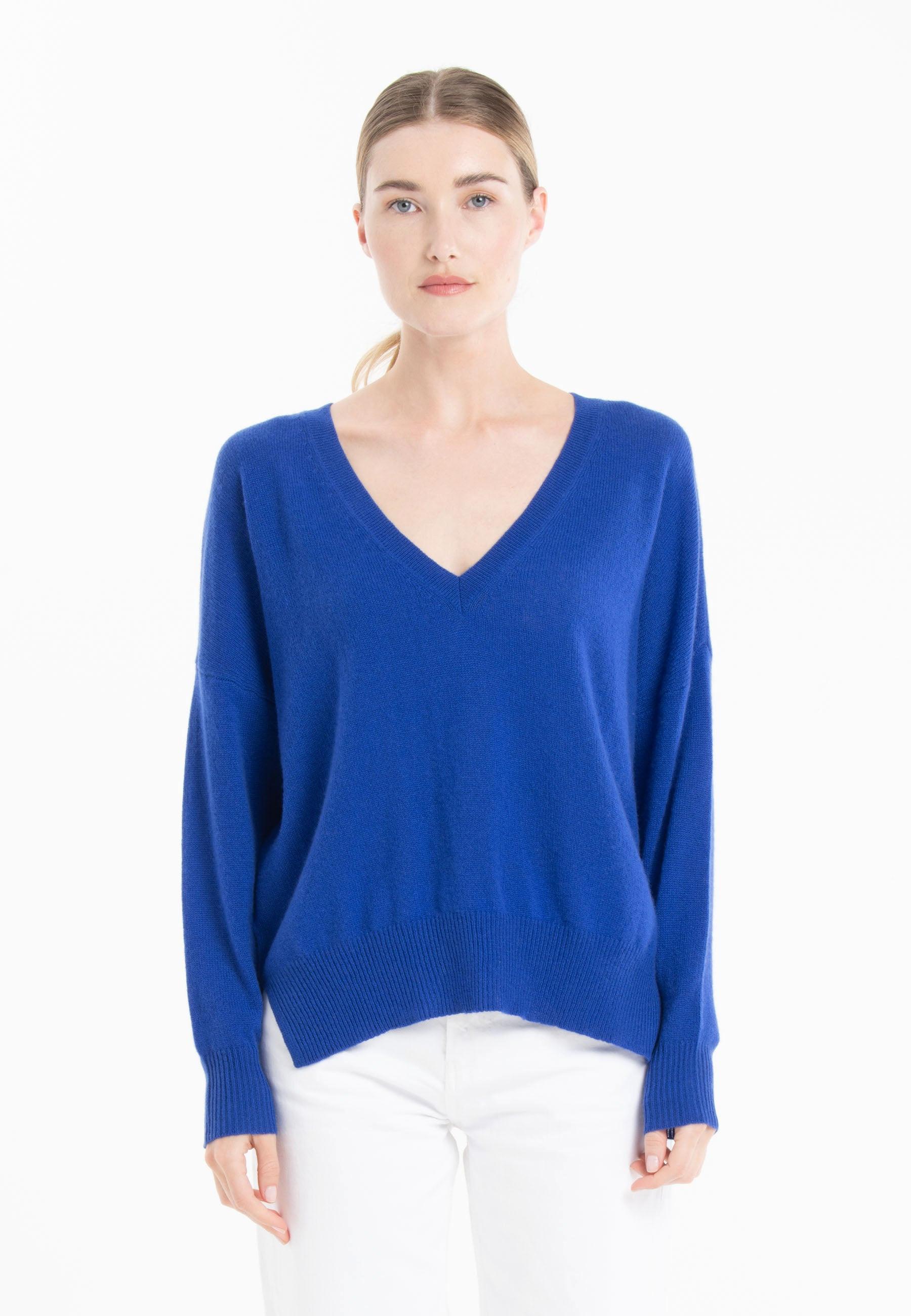 Studio Cashmere8 - NAMI 23 V-Ausschnitt Pullover mit farbigem Streifen 100% Kaschmir, für Damen, Blau, Größe S/M von Studio Cashmere8