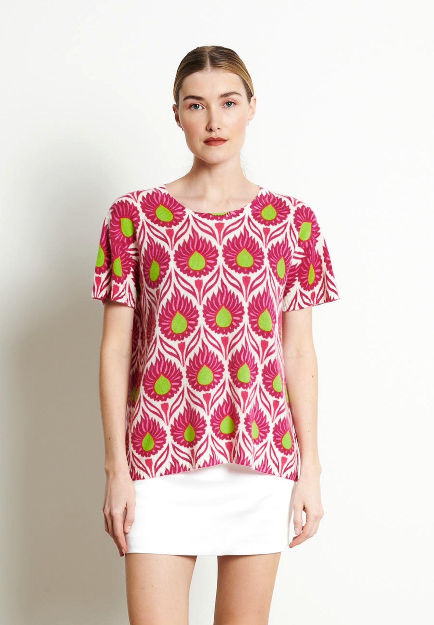 Ria 12 Rundhals T-shirt Blumenprint - 100% Kaschmir Damen Offwhite S/M von Studio Cashmere8