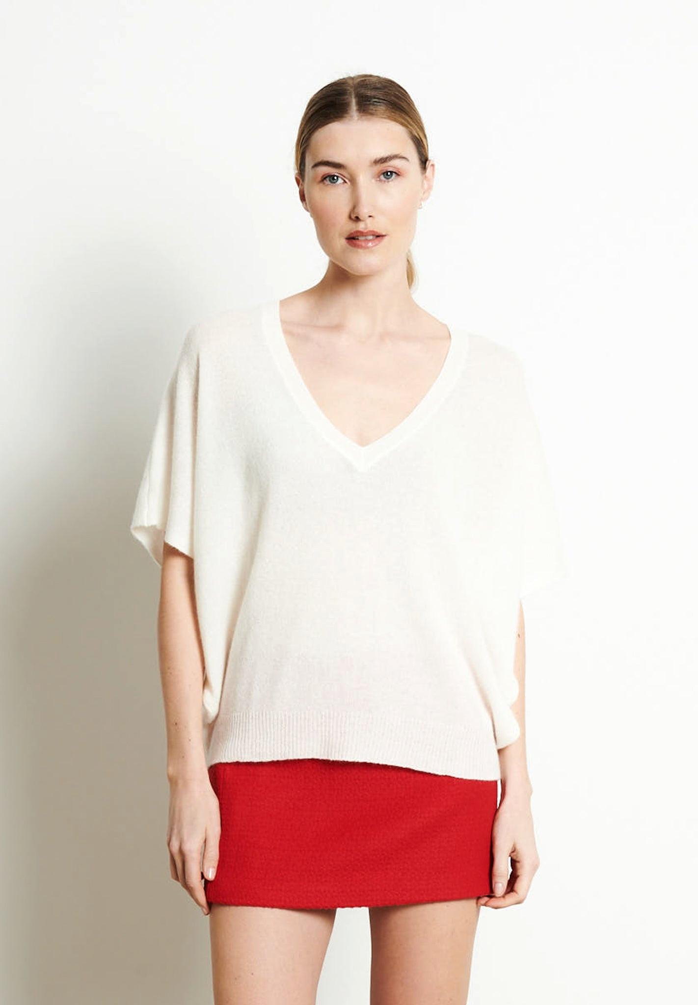 Ria 25 T-shirt Mit V-ausschnitt Und Fledermausärmeln - 100% Kaschmir Damen Offwhite S/M von Studio Cashmere8