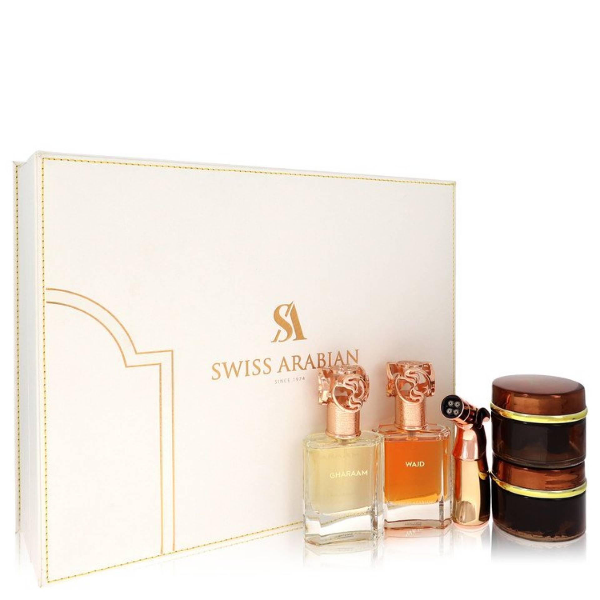 Swiss Arabian Bakhoor Dukhoon Al Haram Gift Set -- Gift Set contains 2 x 51 ml Eau De Parfum in Wajd & Gharaam + 2 x 60 grams of Incense in Dukhoon Al Haram & Oud Muattar Mumtaz von Swiss Arabian