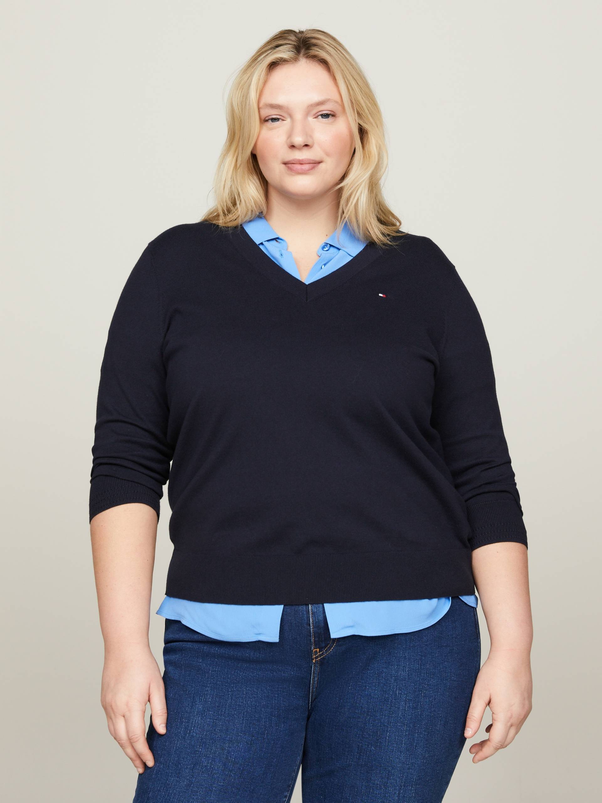 Tommy Hilfiger Curve V-Ausschnitt-Pullover »CRV CO JERSEY STITCH V-NK SWEATR«, Grosse Grössen von TOMMY HILFIGER Curve