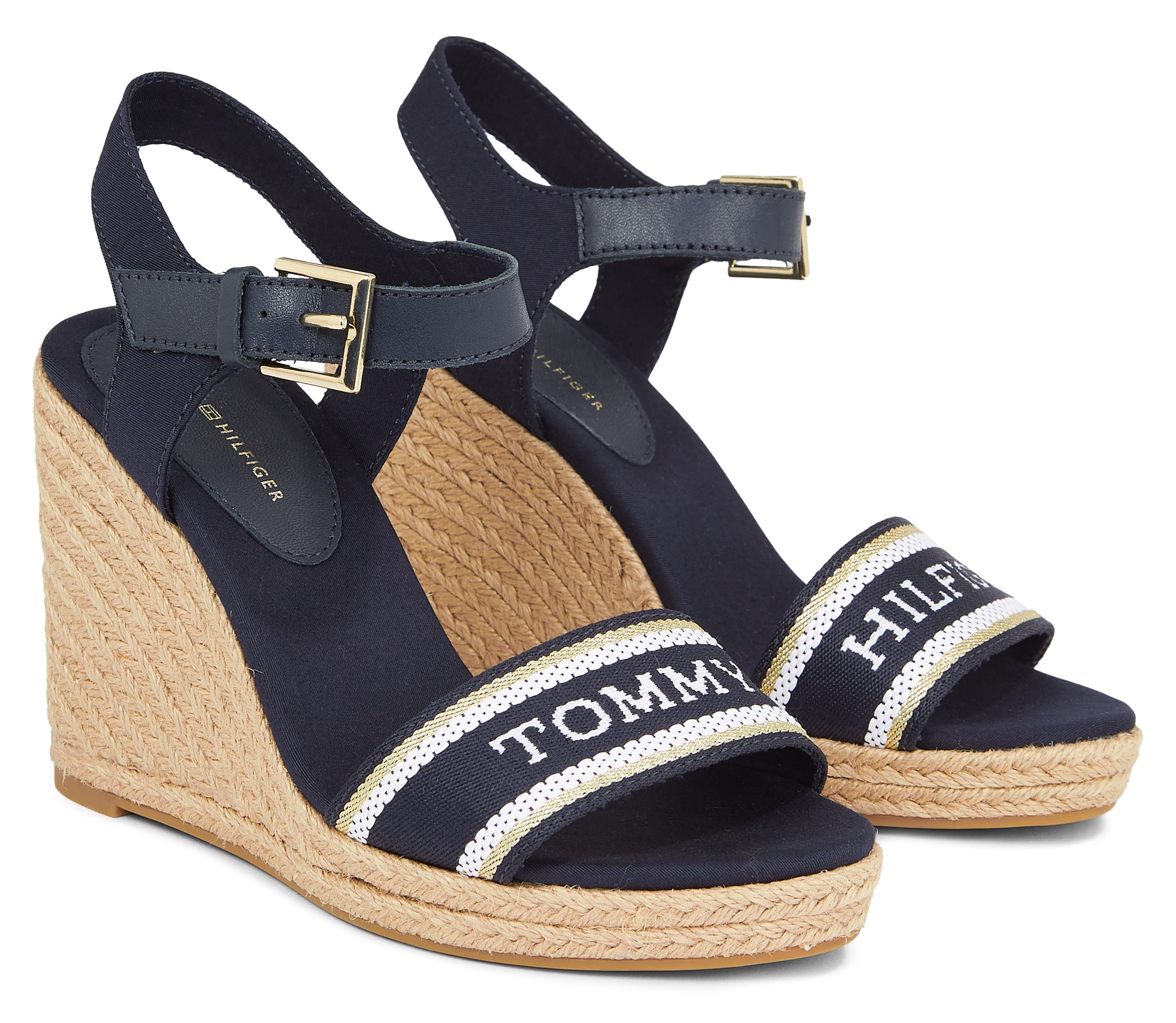 Tommy Hilfiger Keilsandalette »MONO WEBBING HIGH WEDGE SANDAL«, Sommerschuh, Sandale, Riemchensandalette mit Kontrast-Logoschriftzug von TOMMY HILFIGER