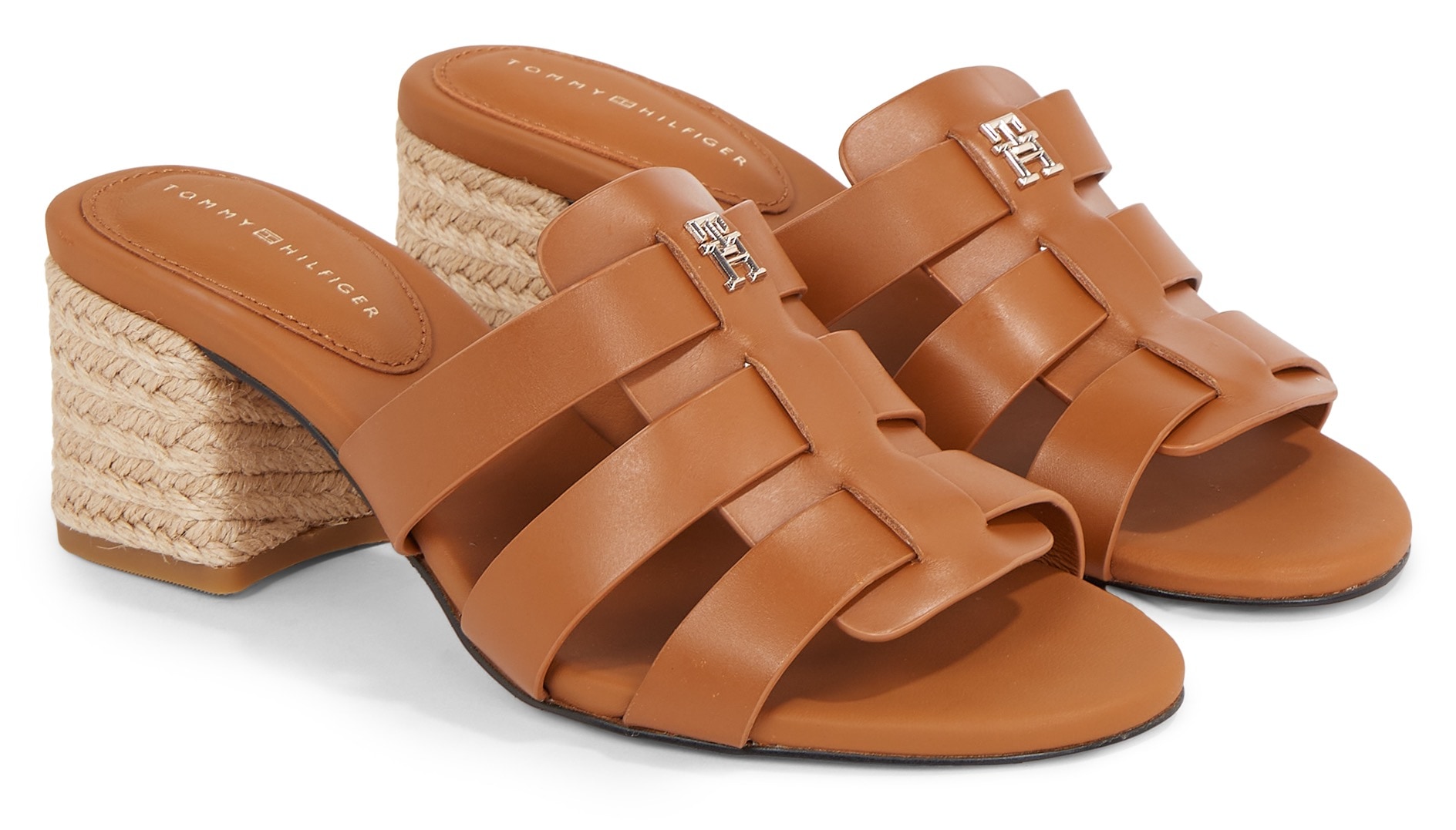 Tommy Hilfiger Pantolette »BLOCK MID HEEL LEATHER SANDAL«, Blockabsatz, Sommerschuh, Schlappen mit geflochtener Bandage von TOMMY HILFIGER