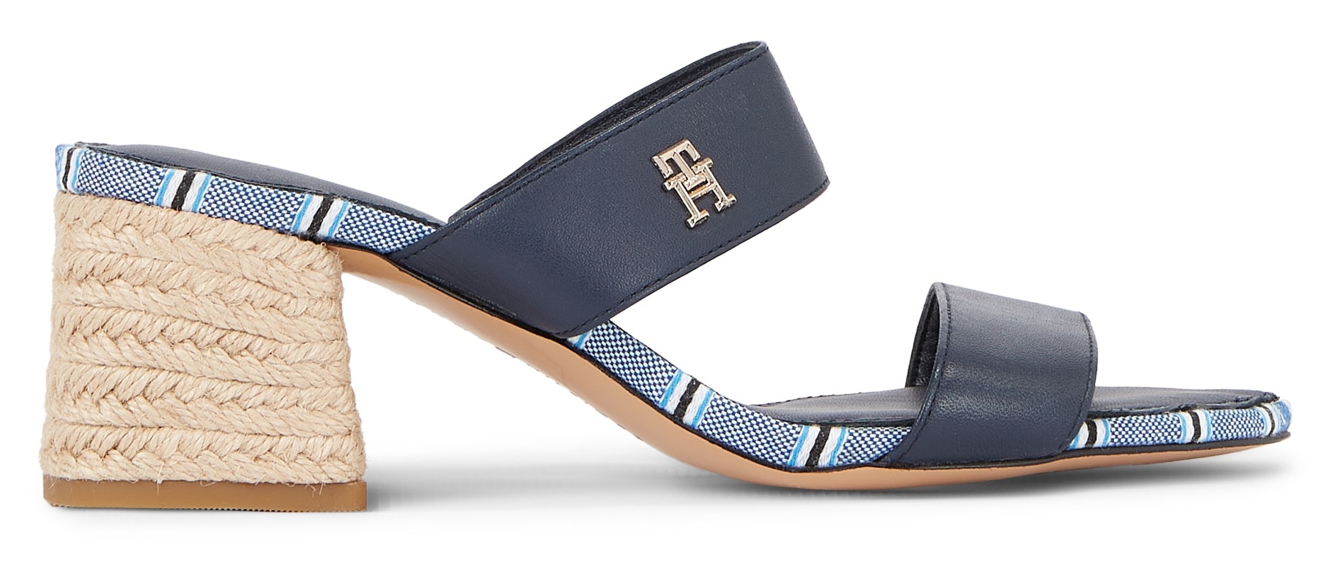 Tommy Hilfiger Pantolette »BLOCK MID HEEL SHIRTING SANDAL«, Blockabsatz, Sommerschuh, Schlappen mit bastbezogenem Blockabsatz von TOMMY HILFIGER