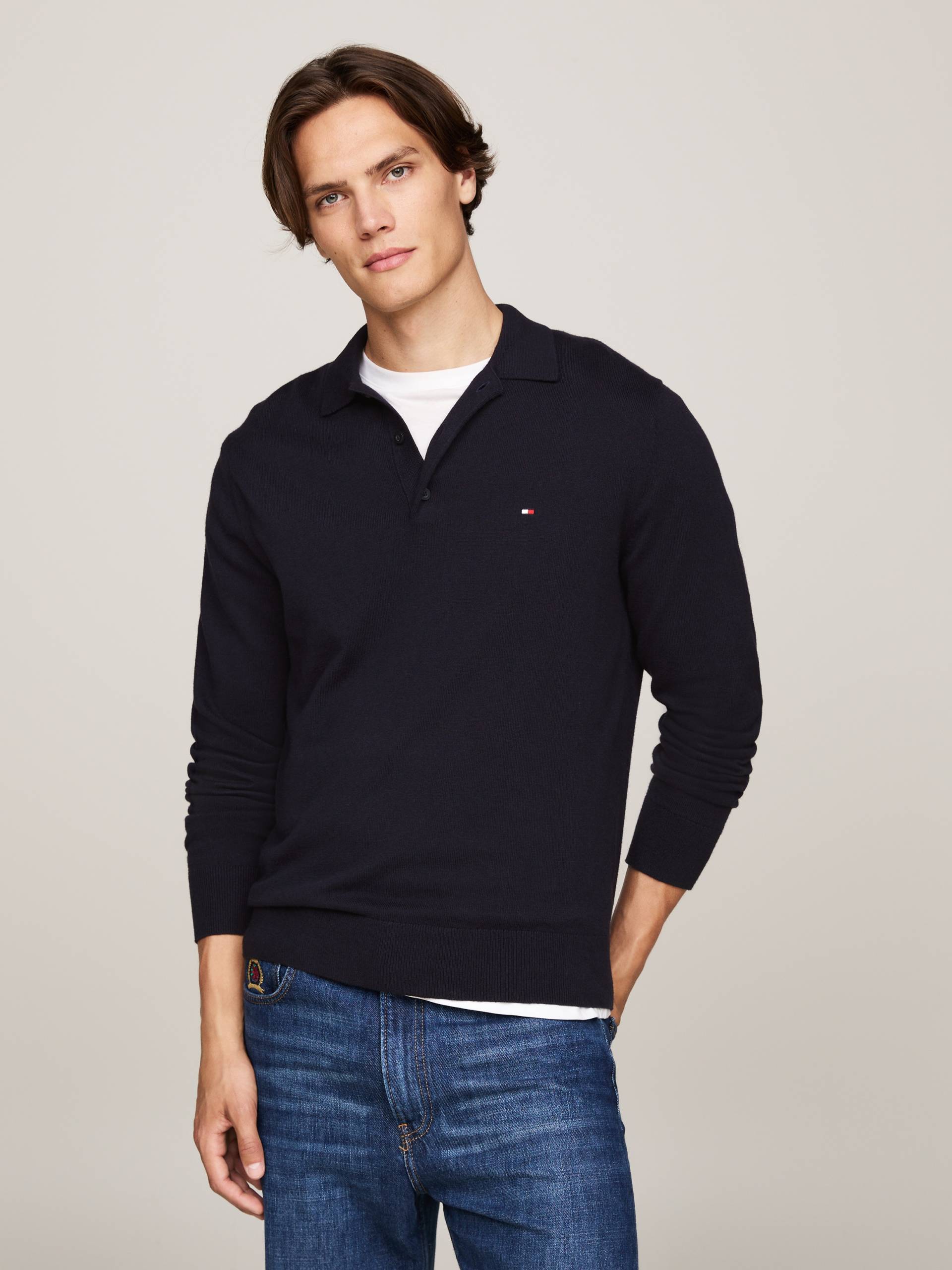 Tommy Hilfiger Polokragenpullover »PIMA ORG CTN CASHMERE LS POLO«, Flag-Stickerei auf Brust von TOMMY HILFIGER