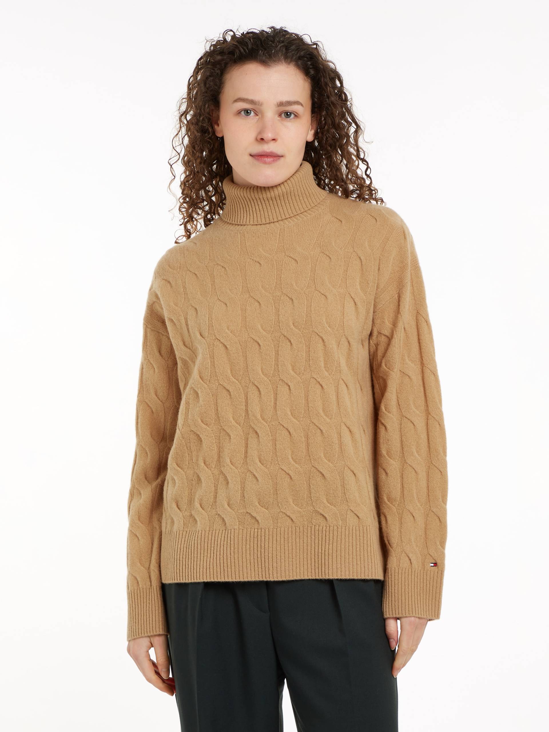 Tommy Hilfiger Rollkragenpullover »SOFT WOOL CABLE ROLL-NK SWEATER«, mit Logostickerei, allover Zopfmuster, Rollkragen, 100% Wolle von TOMMY HILFIGER