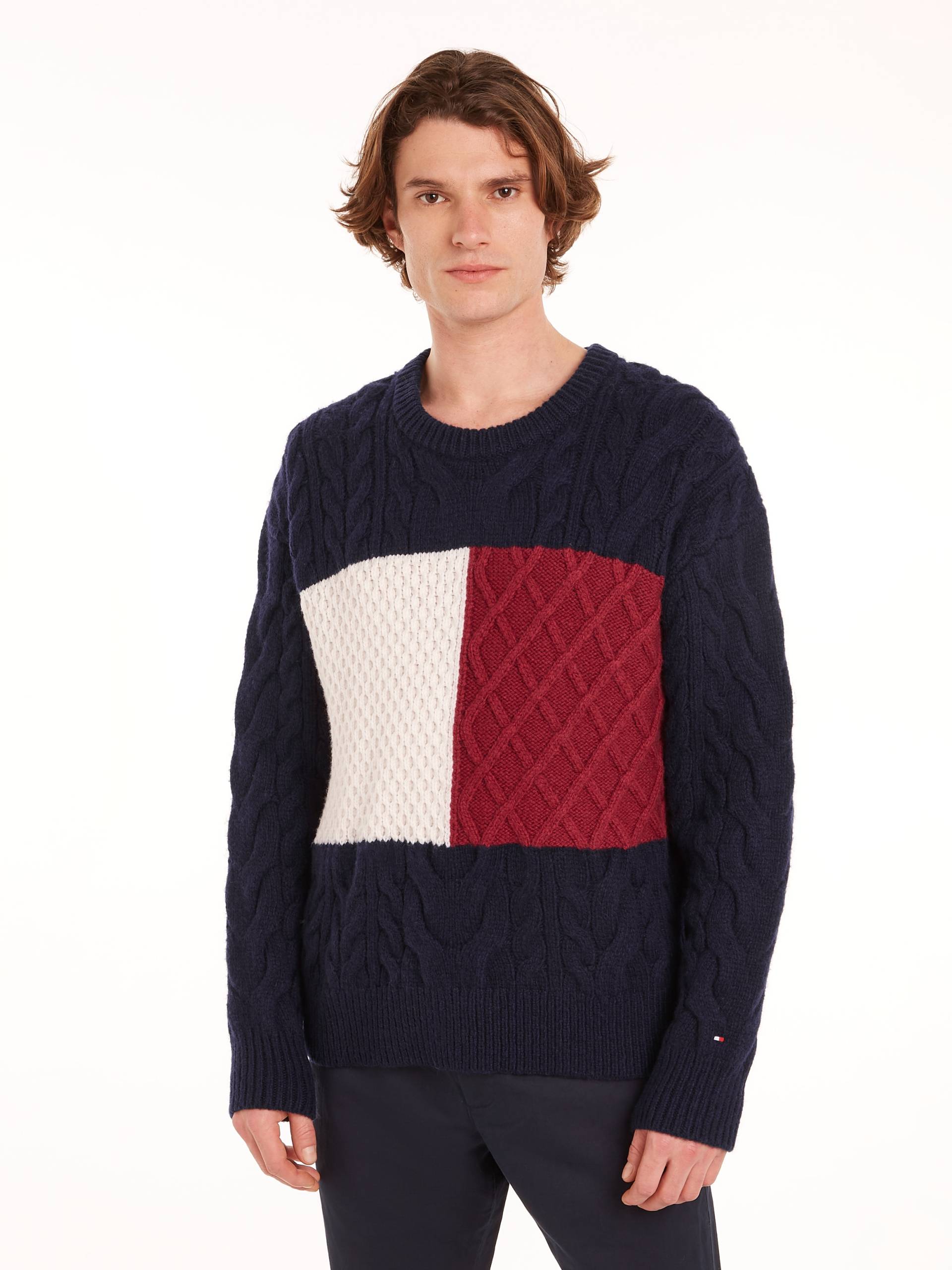 Tommy Hilfiger Rundhalspullover »CABLE FLAG SWEATER«, mit Colorblocking-Design vorne von TOMMY HILFIGER