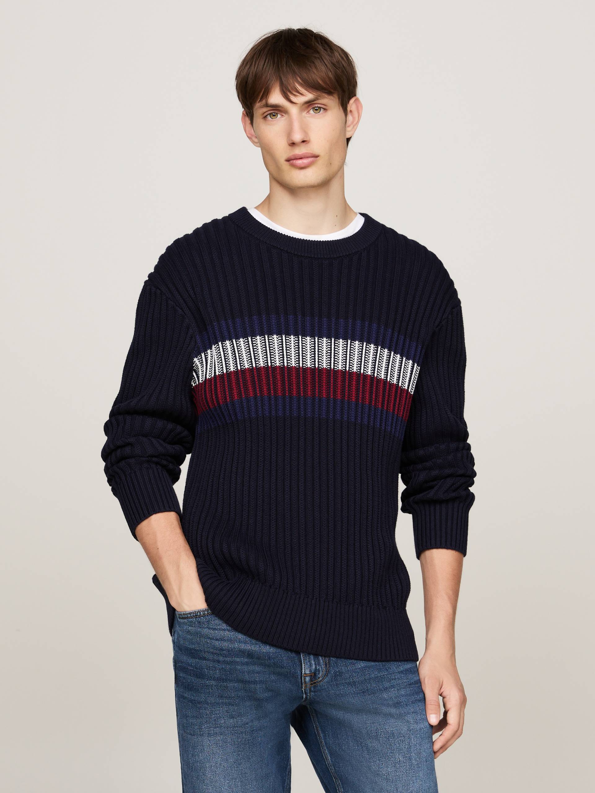 Tommy Hilfiger Rundhalspullover »GLOBAL STRIPE CHUNKY RIB C NK«, mit auffälligem Color Block-Design von TOMMY HILFIGER