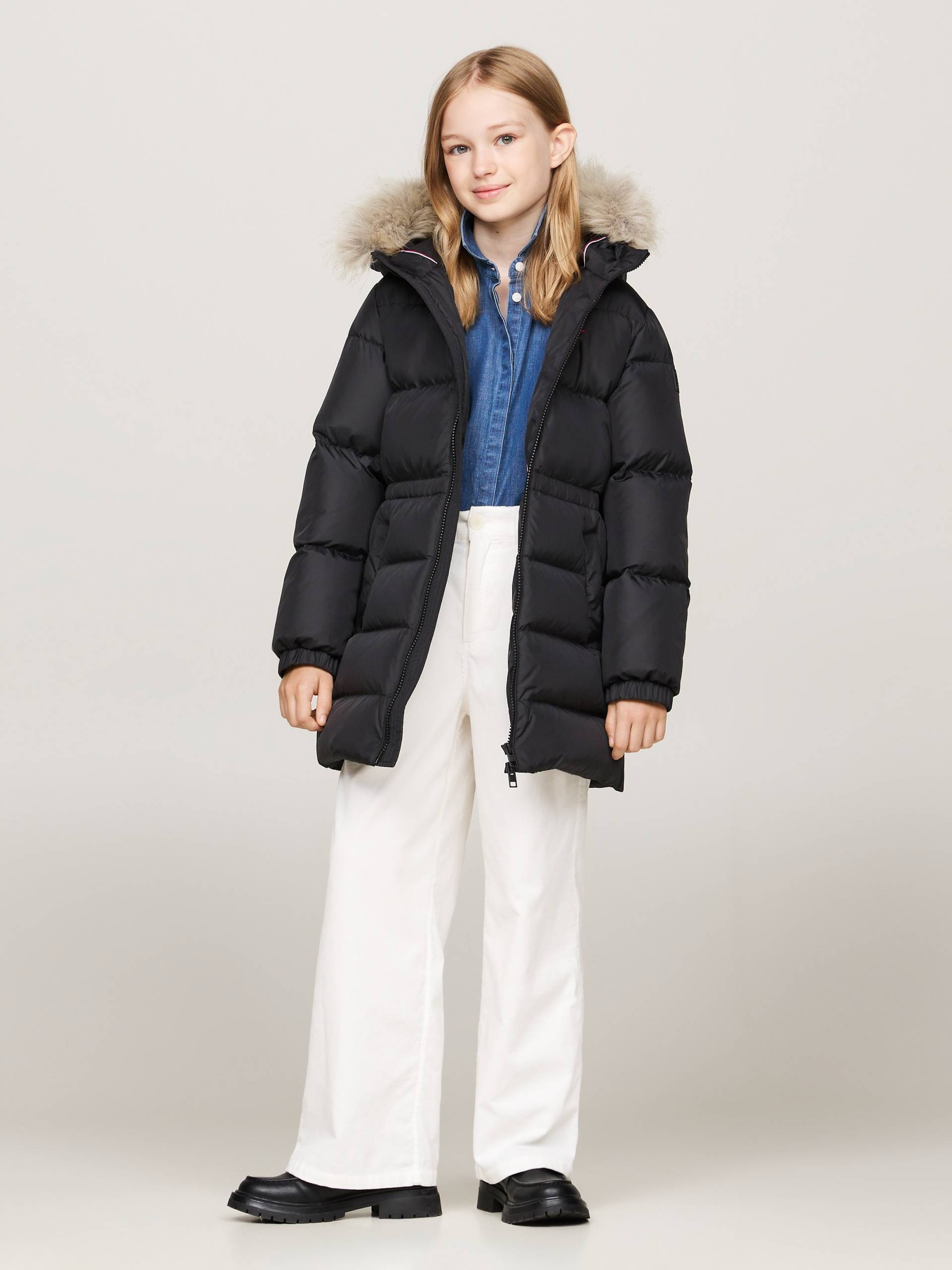 Tommy Hilfiger Steppjacke »LONG WAISTED DOWN JACKET«, mit Kapuze, mit Fellimitat von TOMMY HILFIGER