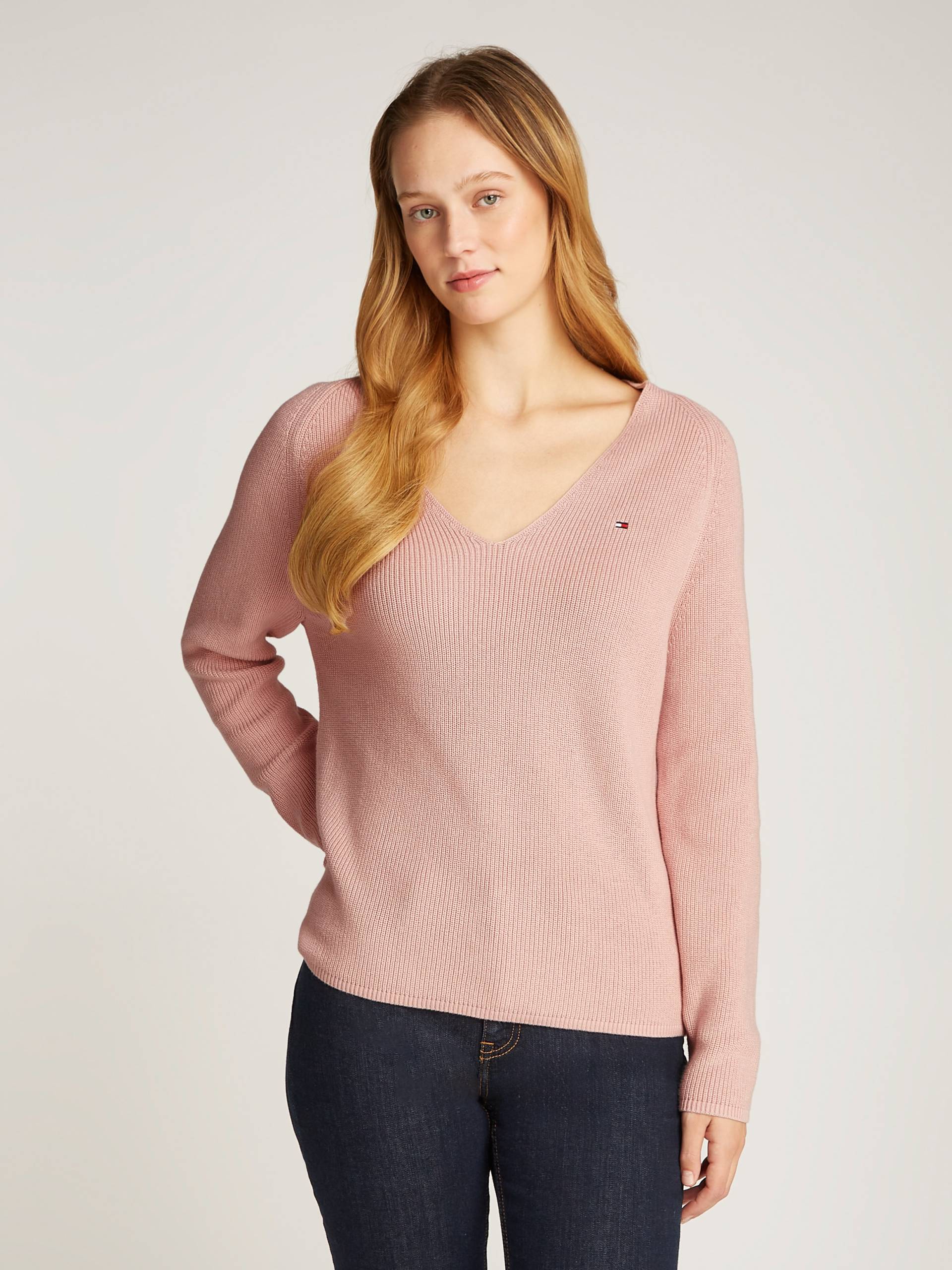 Tommy Hilfiger Strickpullover »CO CARDI STITCH V-NK LS«, mit Logostickerei von TOMMY HILFIGER