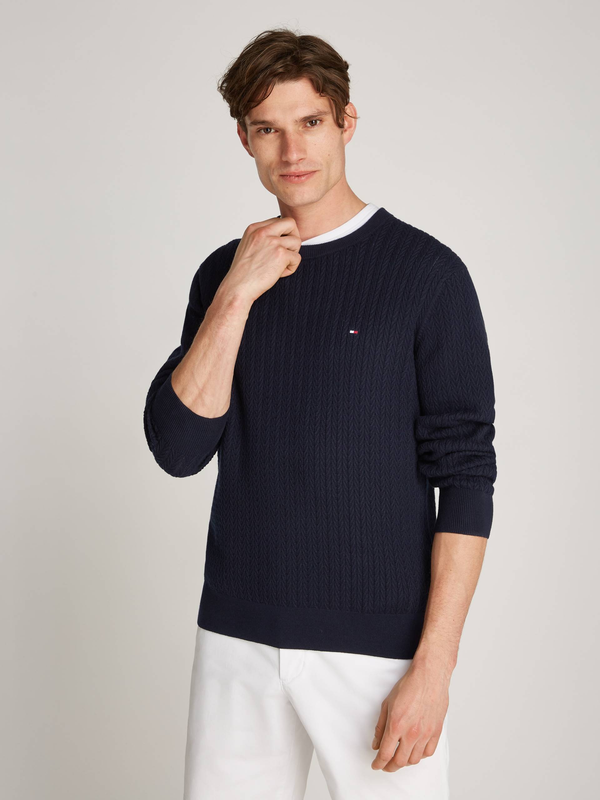 Tommy Hilfiger Strickpullover »HERRINGBONE STRUCTURE C NK«, mit Zopfmuster von TOMMY HILFIGER