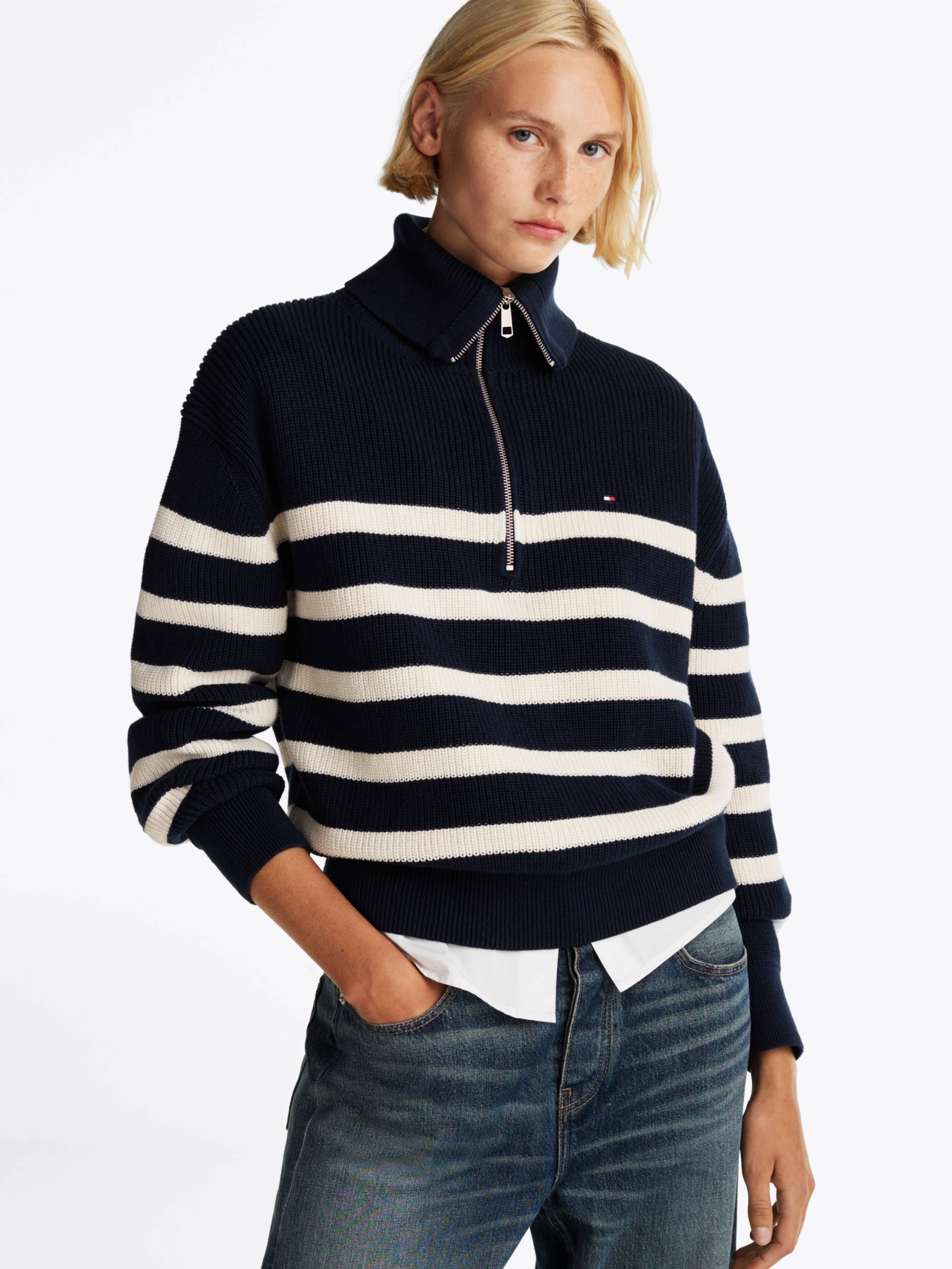 Tommy Hilfiger Troyer »CO CARDI STITCH 1/2 ZIP SWEATER«, mit kurzem Zipper, Streifendessin von TOMMY HILFIGER