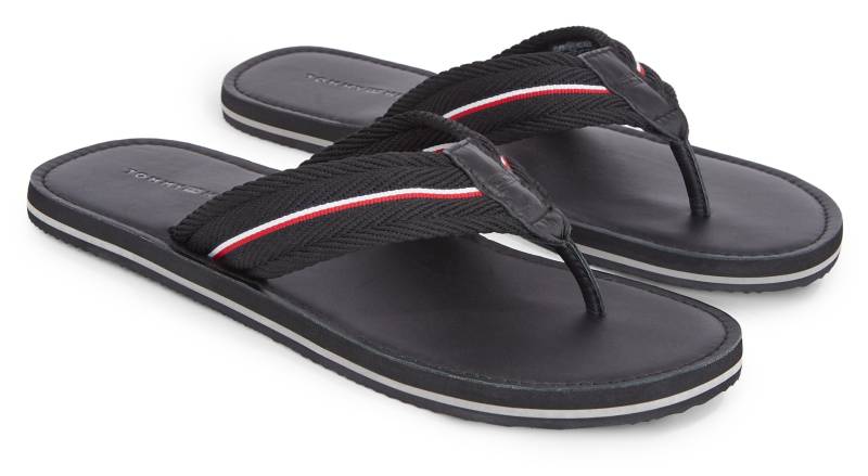 Tommy Hilfiger Zehentrenner »HILFIGER LEATHER BEACH SANDAL«, Sommerschuh, Schlappen, Poolslides, Badeschuh, mit Streifen von TOMMY HILFIGER