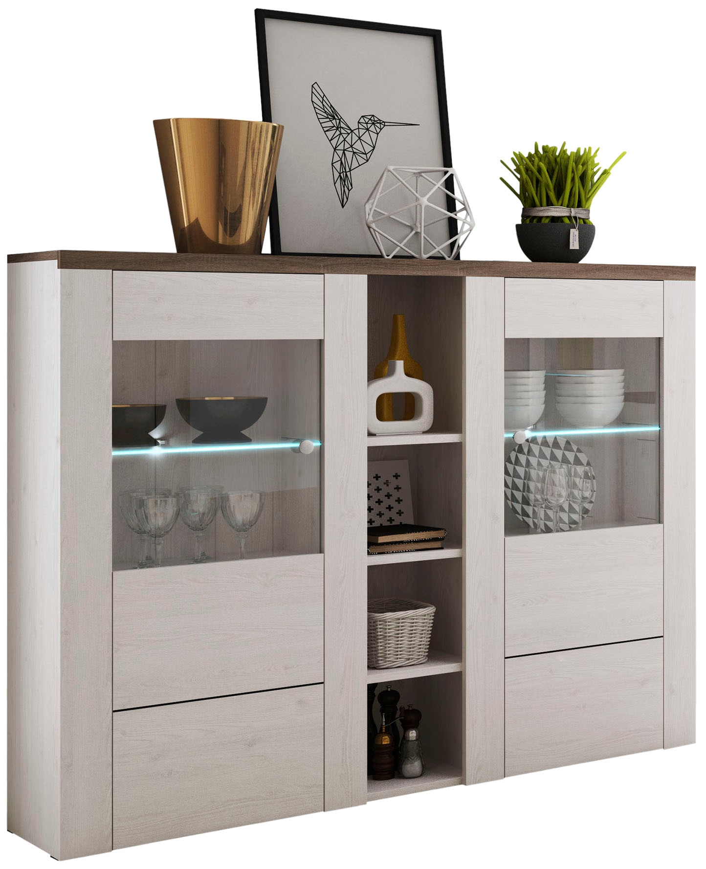 Home affaire Highboard »Larona, zeitlose Hochkommode mit 2 Türen, Türkommode, Höhe 129,5 cm,«, Anrichte mit dekorative Rahmenoptik, Türen mit Glaseinsatz von home affaire