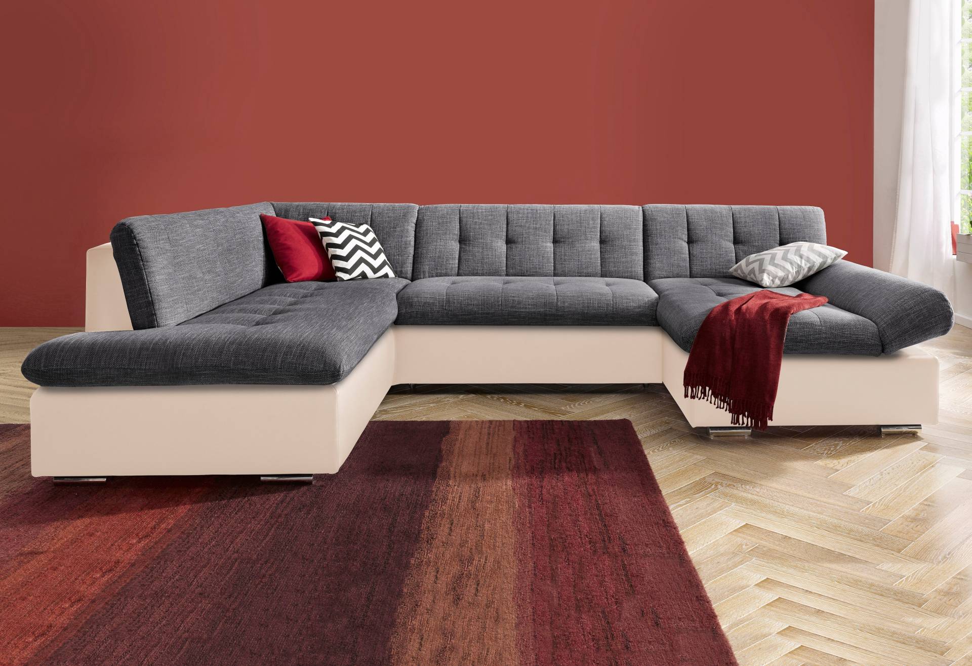 TRENDMANUFAKTUR Wohnlandschaft »Reggae modern und bequem, aktueller Materialmix, U-Form«, inkl. verstellbare Armlehne, wahlweise mit Bettfunktion TRENDMANUFAKTUR Wohnlandschaft »Reggae modern und bequem, aktueller Materialmix, U-Form«, inkl. verstellbare Armlehne, wahlweise mit Bettfunktion von TRENDMANUFAKTUR