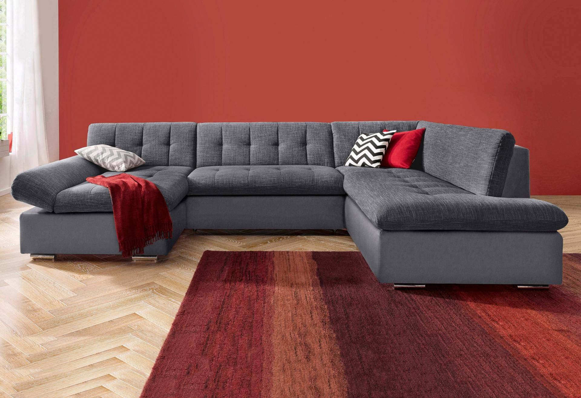 TRENDMANUFAKTUR Wohnlandschaft »Reggae modern und bequem, aktueller Materialmix, U-Form«, inkl. verstellbare Armlehne, wahlweise mit Bettfunktion TRENDMANUFAKTUR Wohnlandschaft »Reggae modern und bequem, aktueller Materialmix, U-Form«, inkl. verstellbare Armlehne, wahlweise mit Bettfunktion von TRENDMANUFAKTUR