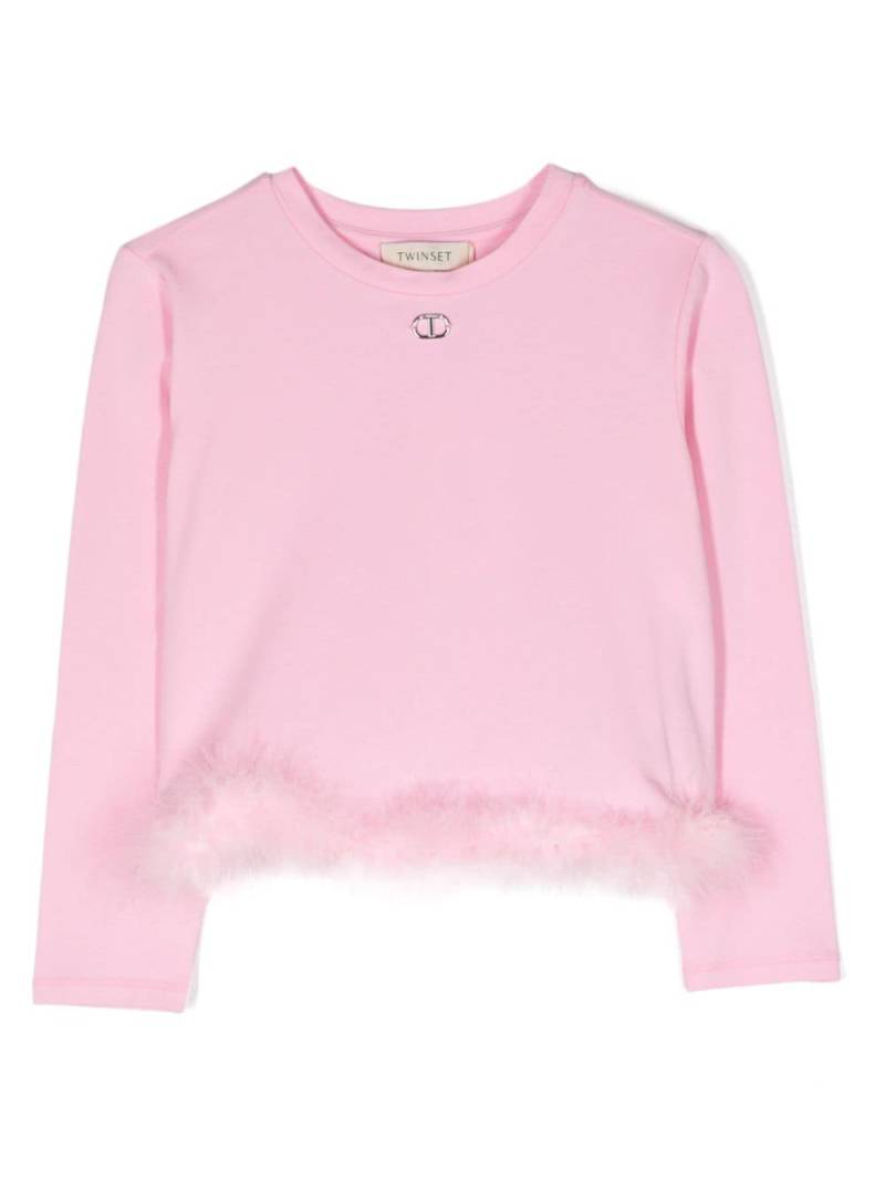 TWINSET Kids logo-plaque faux-fur edge T-shirt - Pink von TWINSET Kids