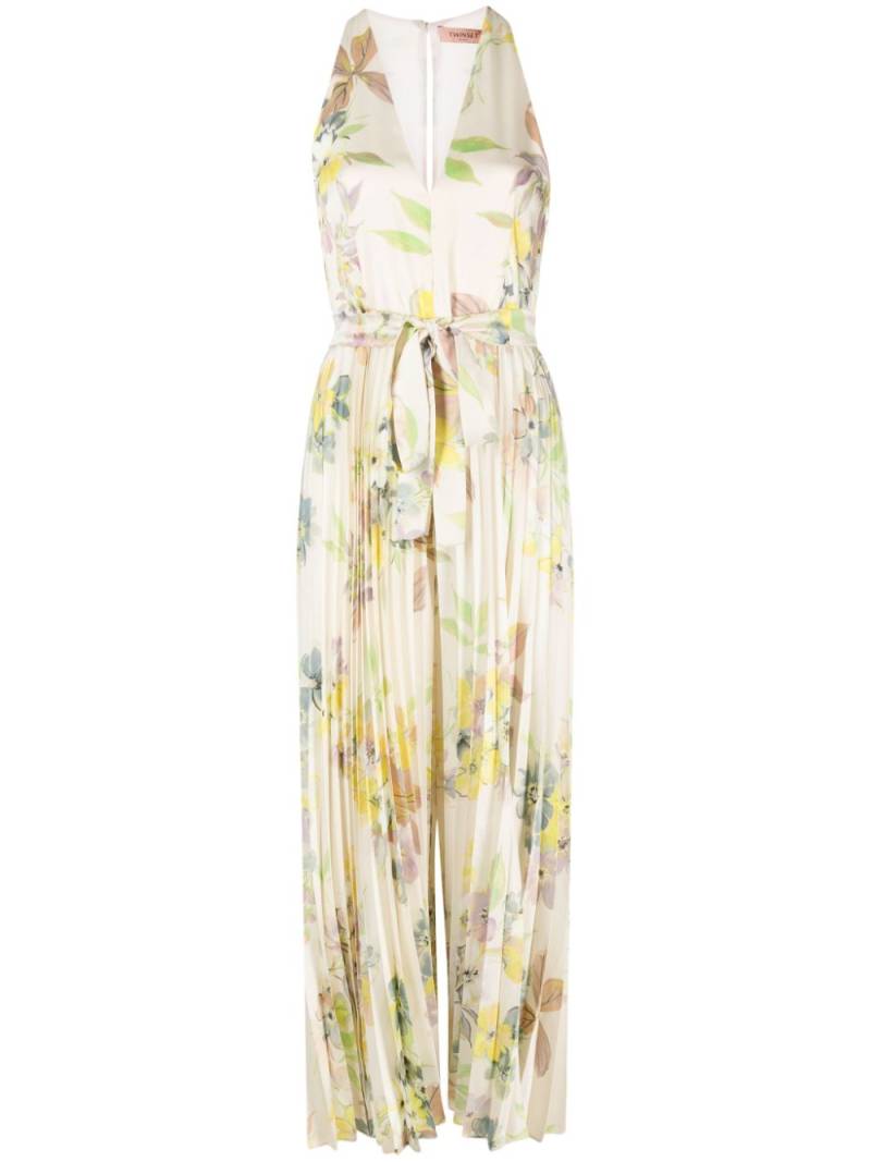 TWINSET floral-print wide-leg pleated jumpsuit - Neutrals von TWINSET