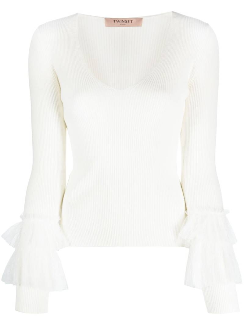 TWINSET tulle-inserts ribbed-knit top - Neutrals von TWINSET